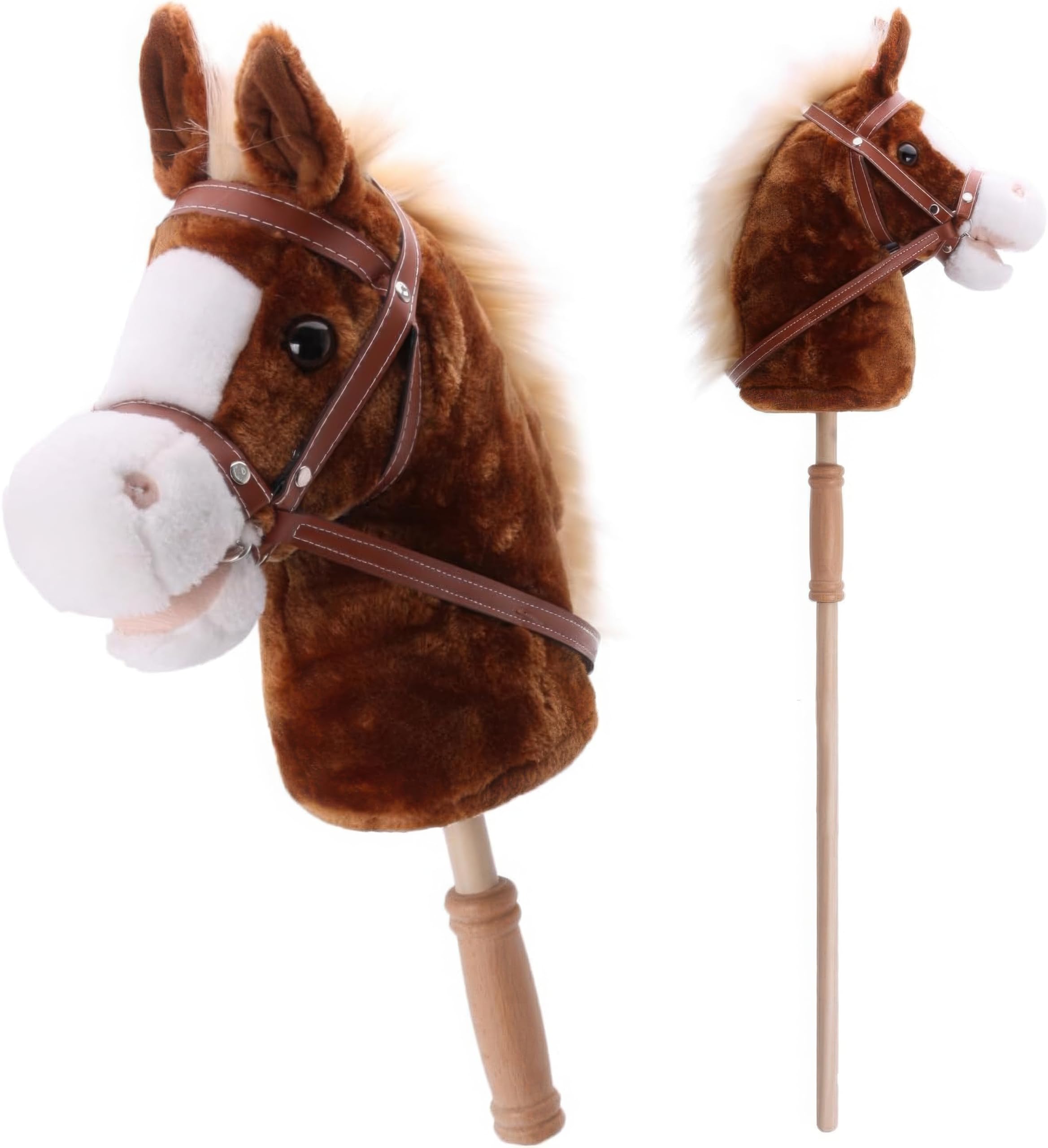 Linzy Toys 35.5" Plush Stick Horse - Funny Hobby Horse with Pony Sound, Soft Realistic Mane &amp; Durable Leather Reins, Pretend Play Riding Toy for Boys &amp; Girls Ages 3+ (Brown)