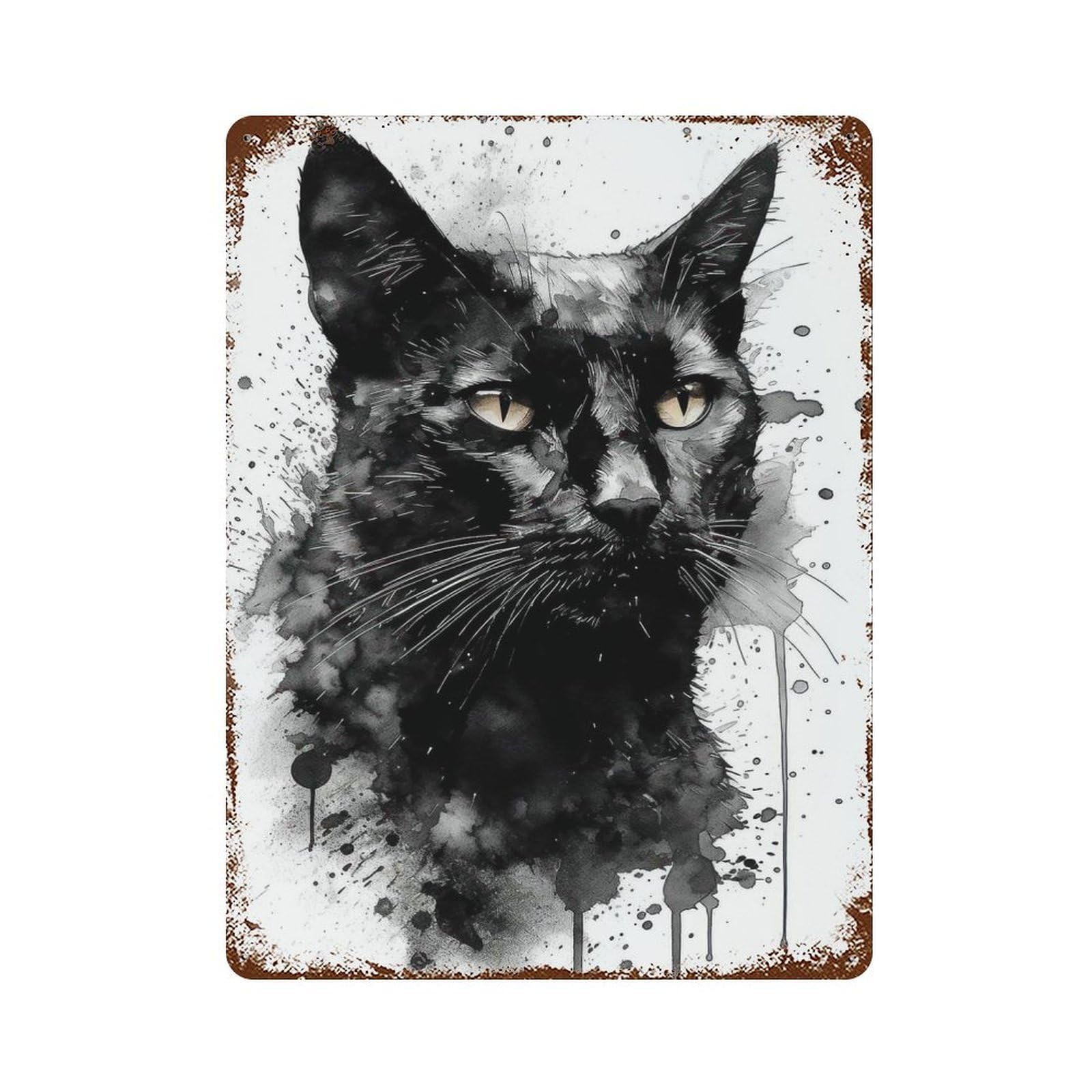 Aged Metal Wall Plaque with Cat Portrait Watercolor Design 15.7"x11.8", for Farmhouse, Kitchen And Entryway Decor, Old School Wall Decor