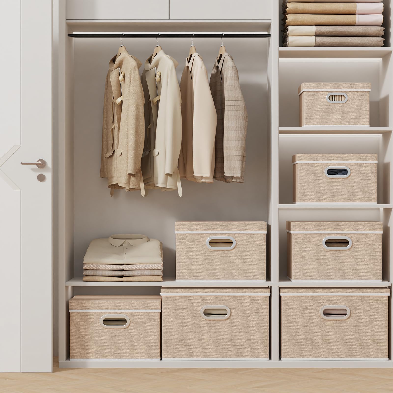 Yawinhe Scatole Portaoggetti con Coperchi, Set di 3 Lavabile, Stoccaggio in Tessuto con Manici, Contenitore per Armadio, per Conservare Vestiti, 45x30x30cm, Beige