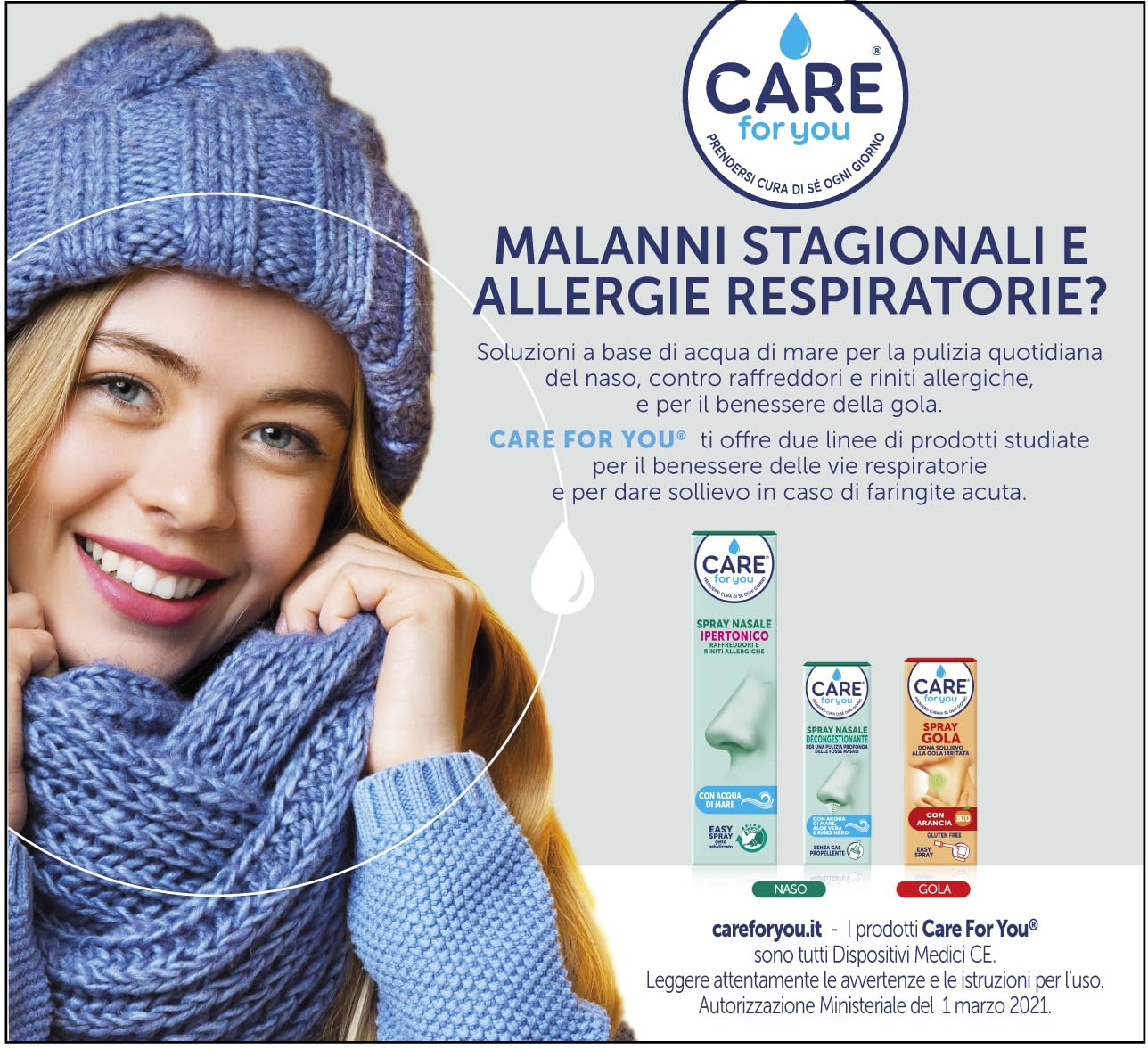 CARE for You, Spray Nasale Isotonico - Spray Lavaggi Nasali Nebulizzato, con Acqua di Mare Ricca di Oligoelementi, per la Pulizia Quotidiana Del Naso, 125 ml (Confezione da 2)