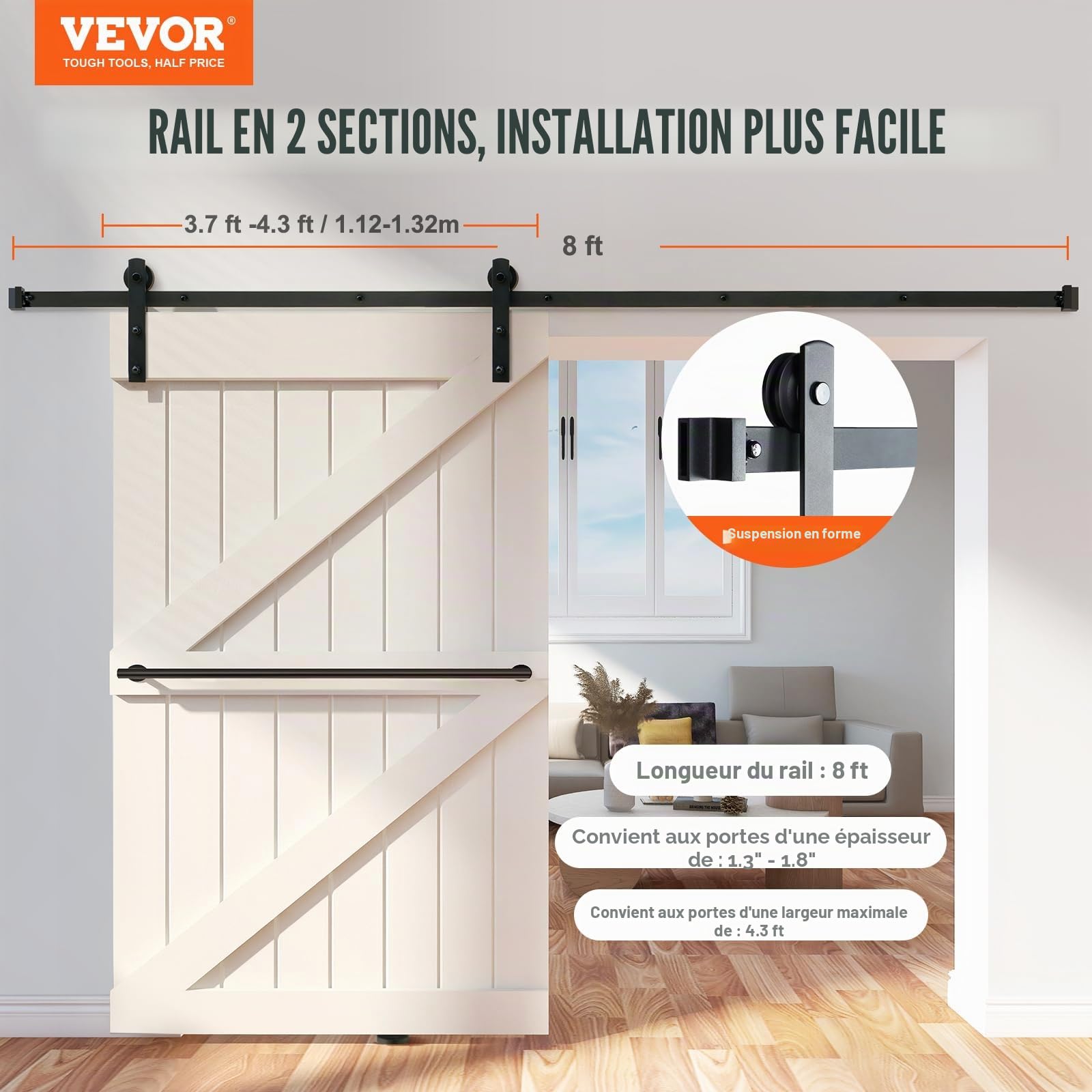 VEVOR Kit Quincaillerie de Porte Coulissante de Grange 244 cm Rail Porte Coulissante Convient Porte Simple Largeur 1,12-1,32 m Épaisseur 32-45 mm Charge 150 kg Poulie Silencieuse Forme I pour Maison