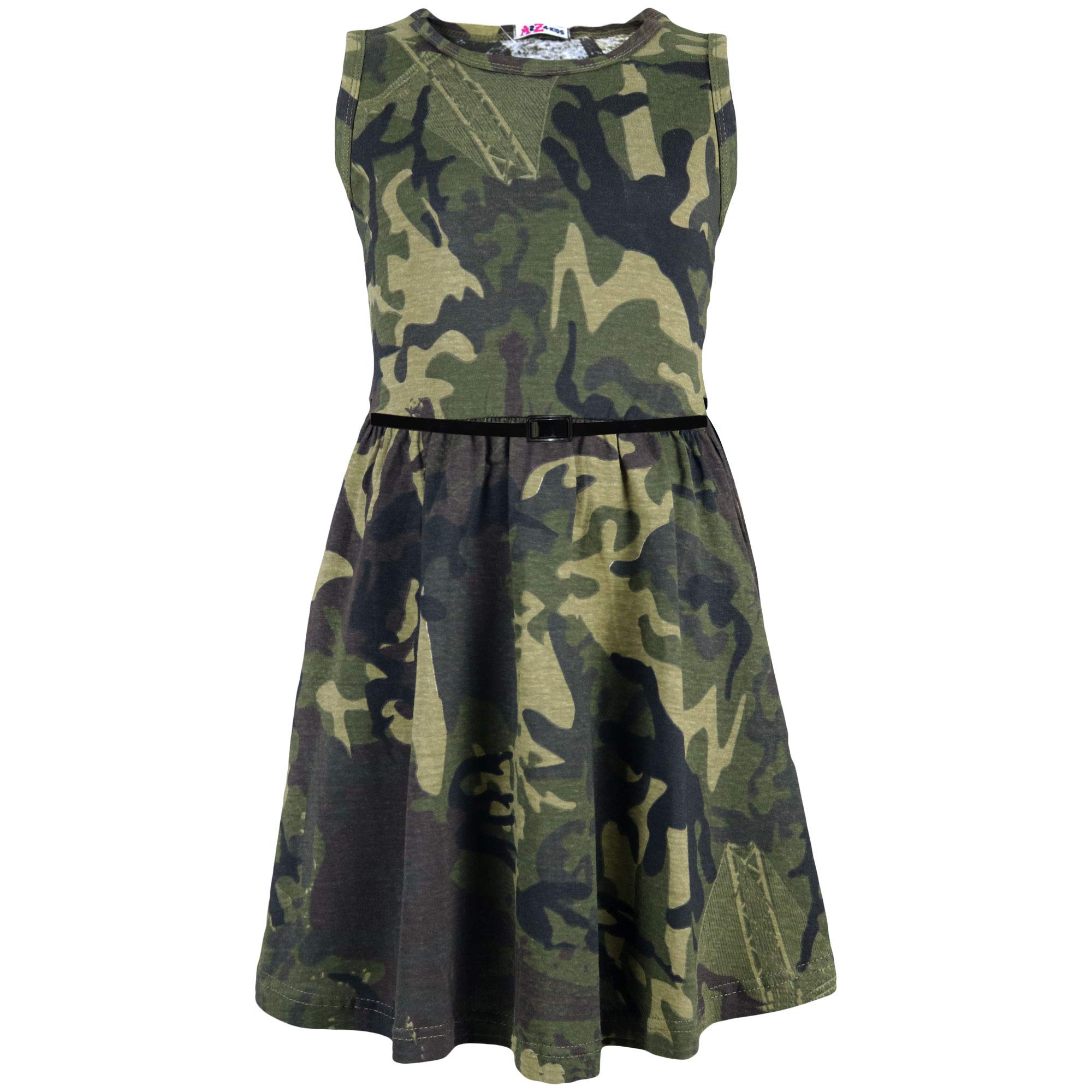 A2z 4 Kids Girls Camo Green Party Fashion Dresses With Free Belt Summer - Skater Sleeveless 13