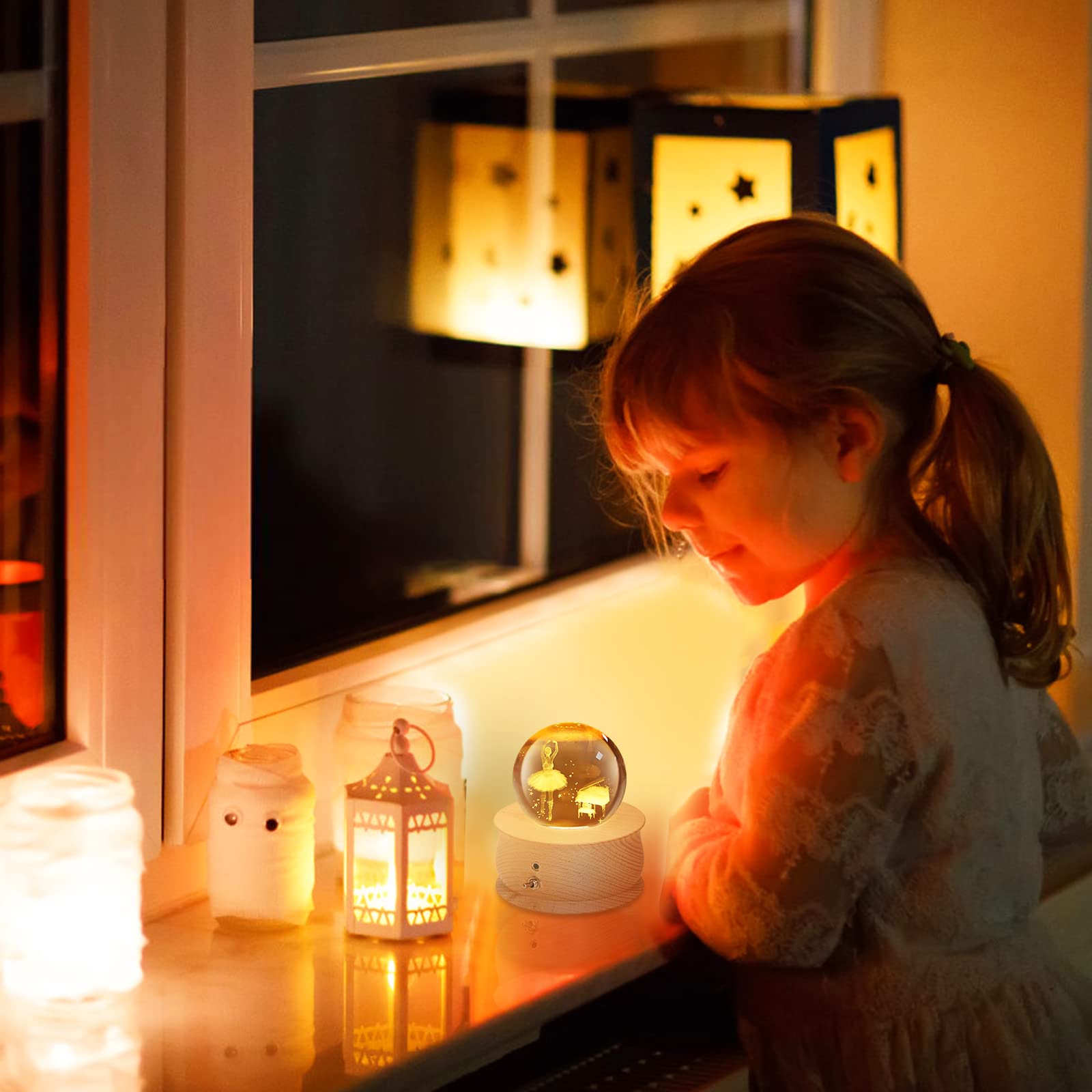 Wholede Carillon in Legno con Sfera di Cristallo Rotante a 360°, Funzione di Proiezione di Luce Calda, Musica Rilassante, Lampada a LED, Idea Regalo da Donna, per Il Compleanno e la Festa della Mamma