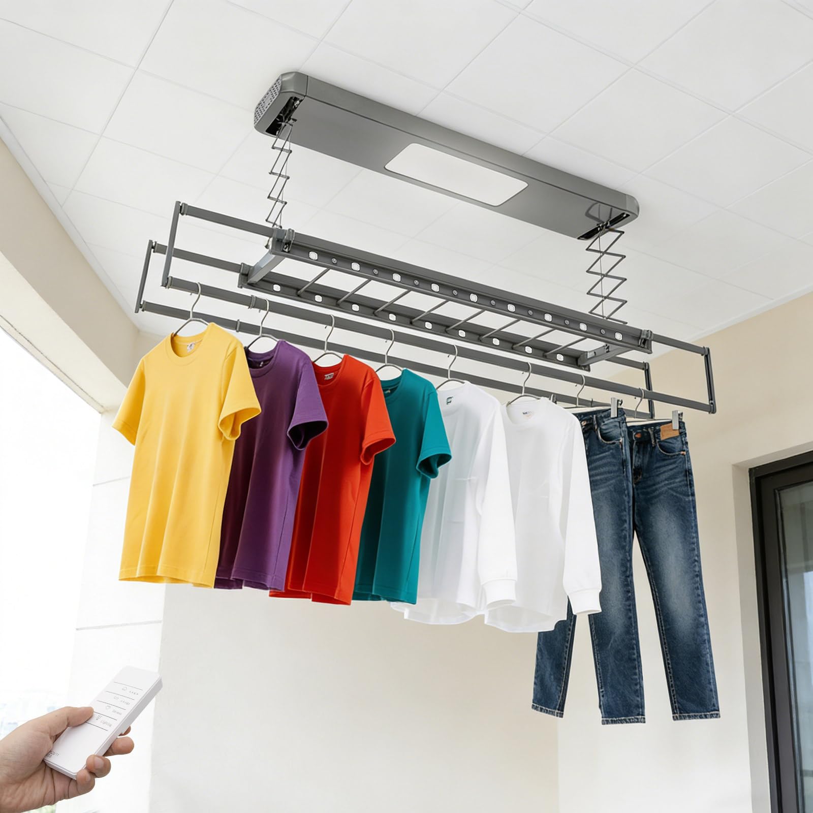 Étendoir à linge électrique mural avec télécommande, support de plafond, extensible et pliable, pour balcons, buanderies (gris)