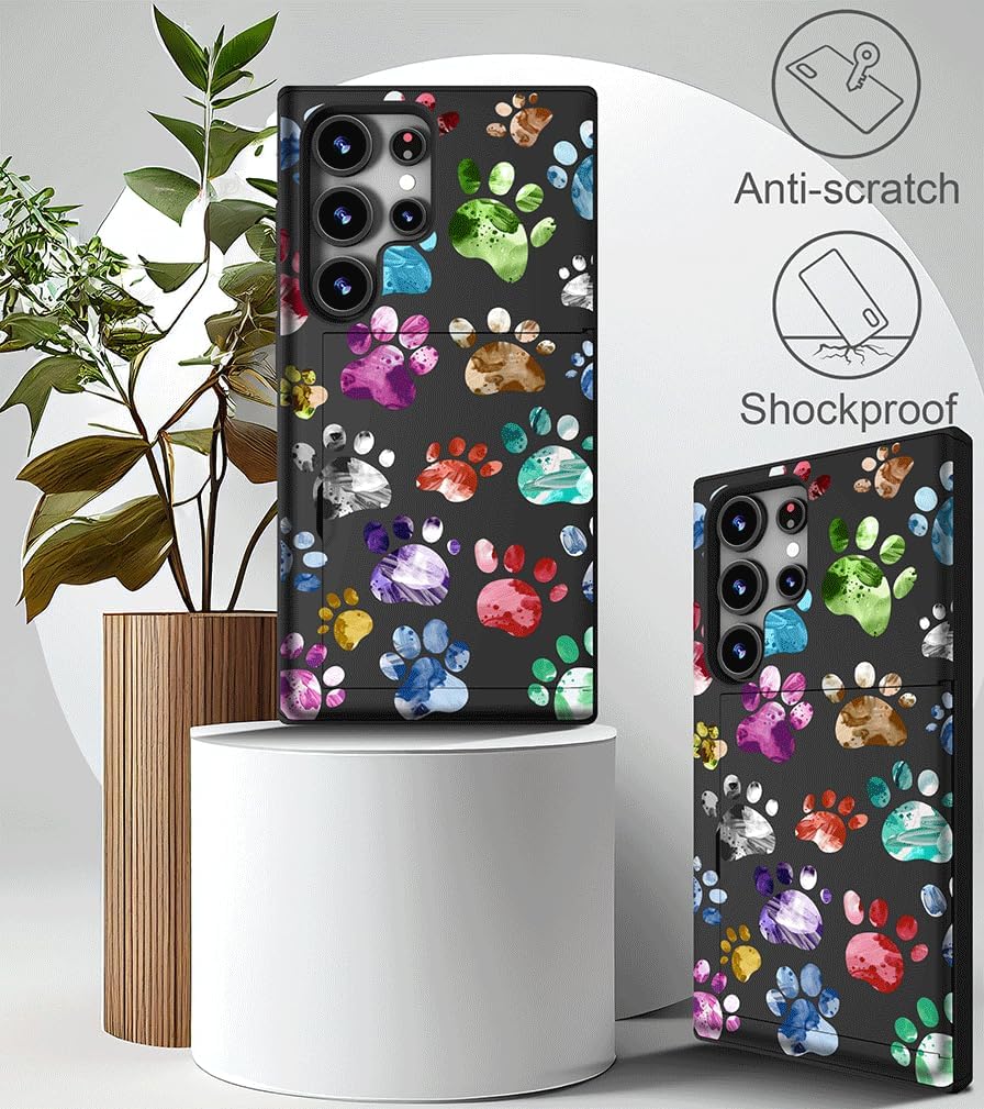 Compatible with Samsung Galaxy S25 Ultra Case Cute with Card Holder/Slim Wallet Phone Cover for Women/Colorful Doodle Paws Dog Craws Footprints Animal Watercolor - Image 4