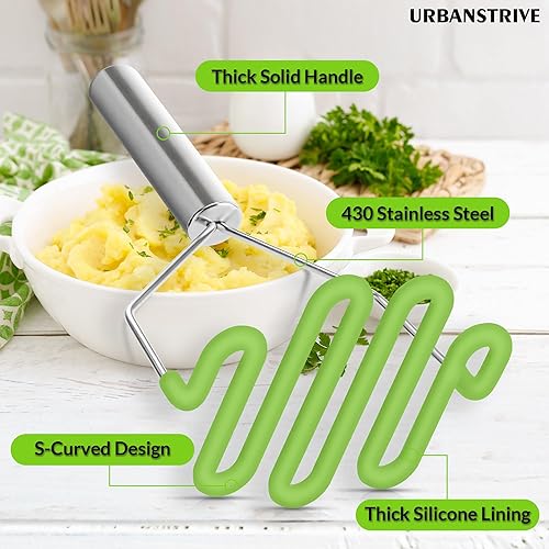 Miniatura 52 de Urbanstrive Herramienta de cocina de silicona antiarañazos, triturador de patatas, triturador de patatas, de acero inoxidable, envuelto en silicona