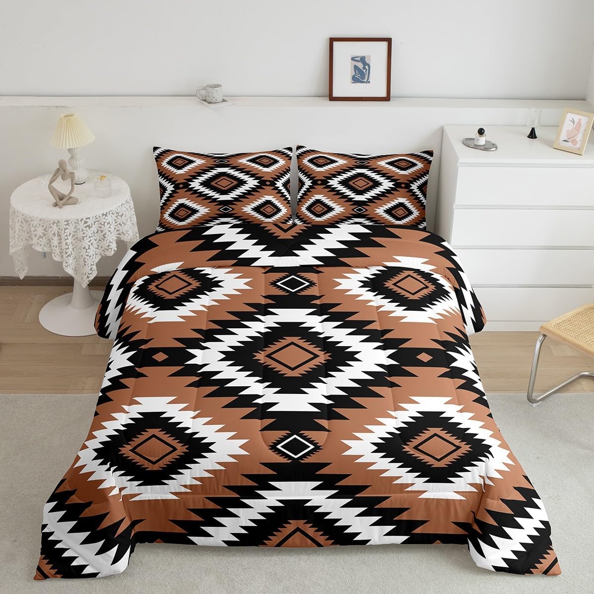 Feelyou Bohemian Bedding Set Queen Size Western Aztec Comforter Set for Adult Kids Boys Girls Boho Style Duvet Set Rhomboid Geometric Quilt Set 3Pcs