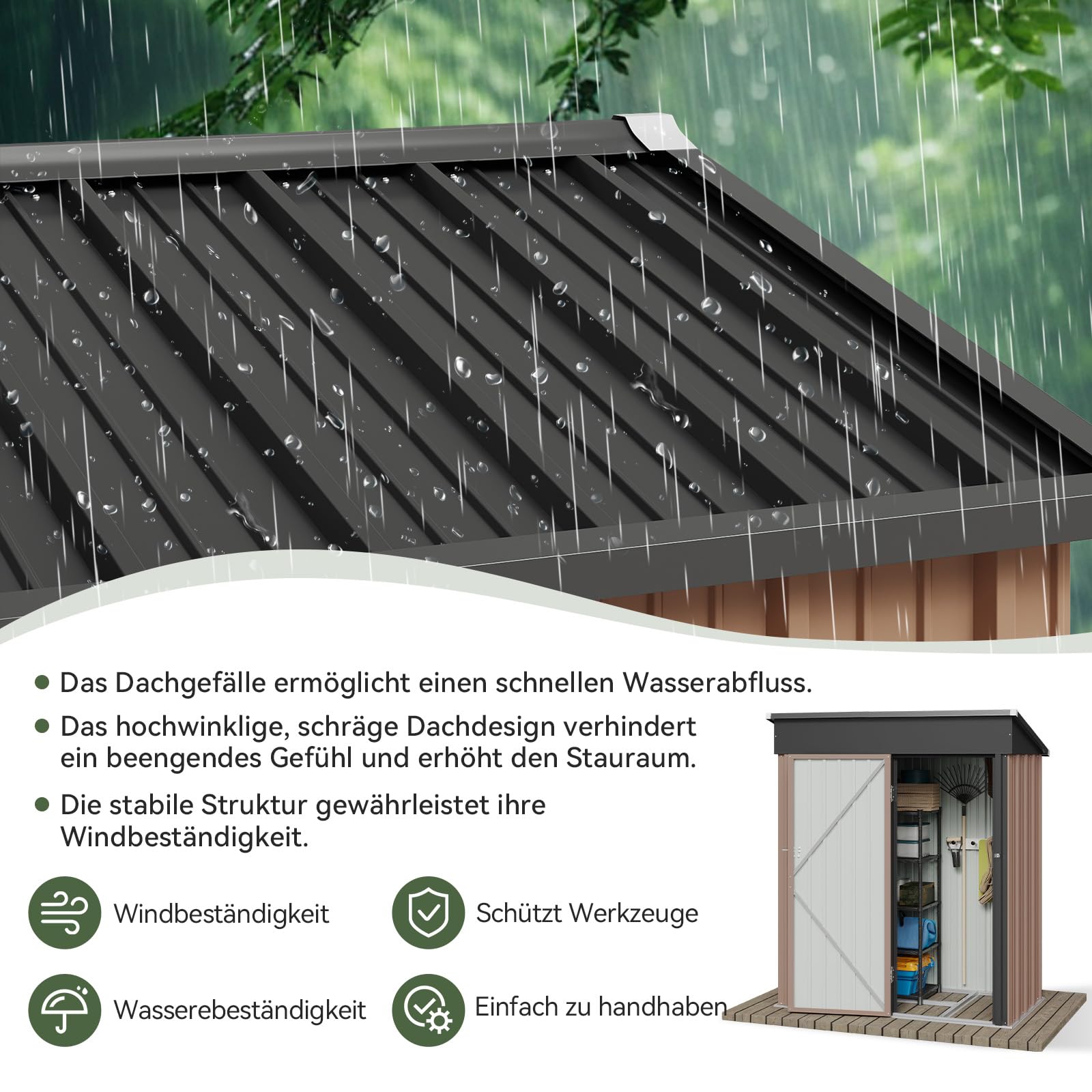 Aoxun Gartenhaus mit Standfuß, verzinktes Metallschuppen mit Schiebetür, Werkzeugaufbewahrung, Fahrradschuppen, Braun