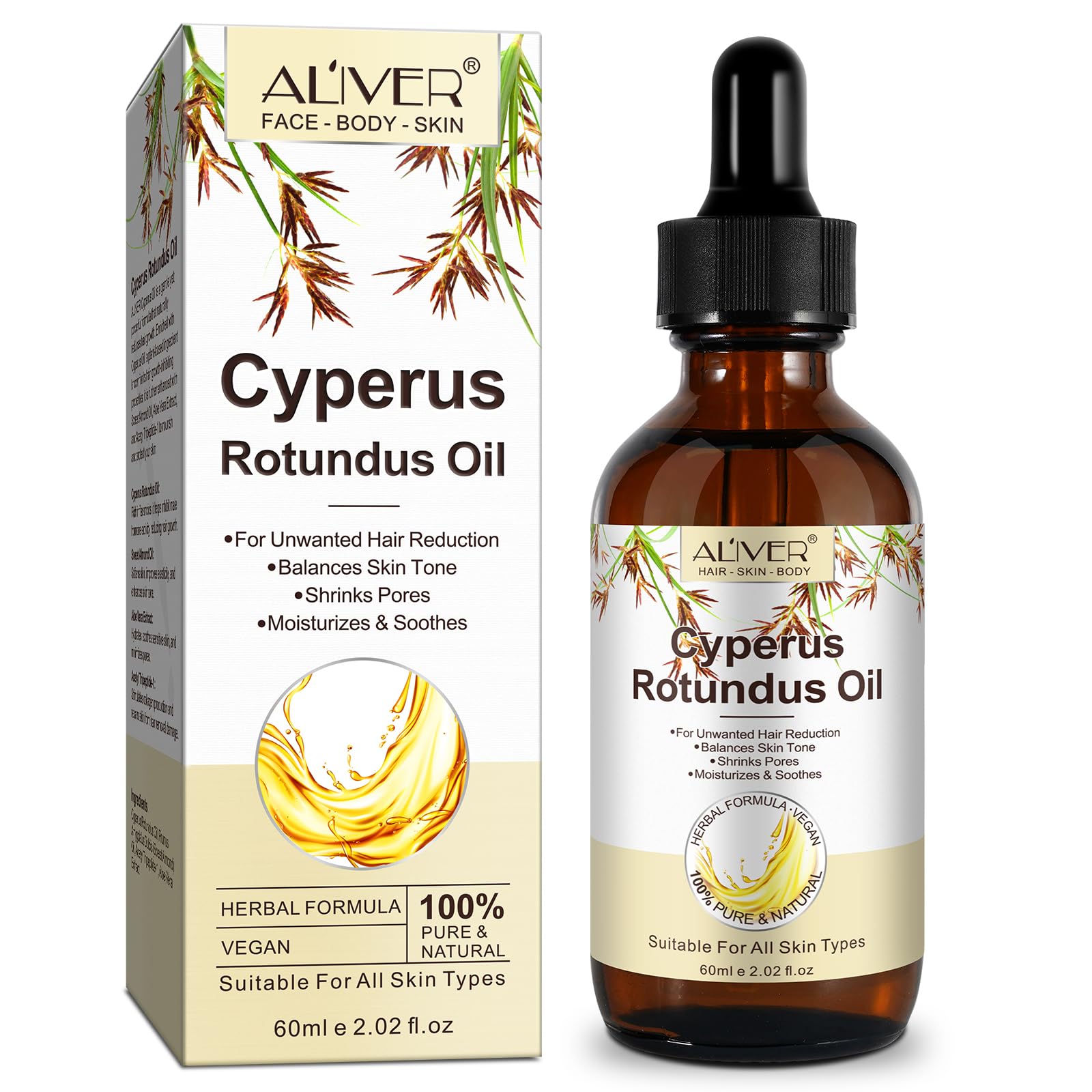 Cyperus Rotundus Oil, Aceite de Cyperus Rotundus Puro para Depilación – Reducir el Vello Corporal, Minimizar Poros, Hidratar y Calmar la Piel – Adecuado para Todo Tipo de Piel – 60 ml
