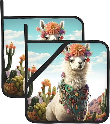 2Pcs Pot Holders with Pocket for Kitchen Heat Resistant Hot Pads for Countertops Mexican Llama Cactus Oven Potholders Set for Cooking Baking Oven