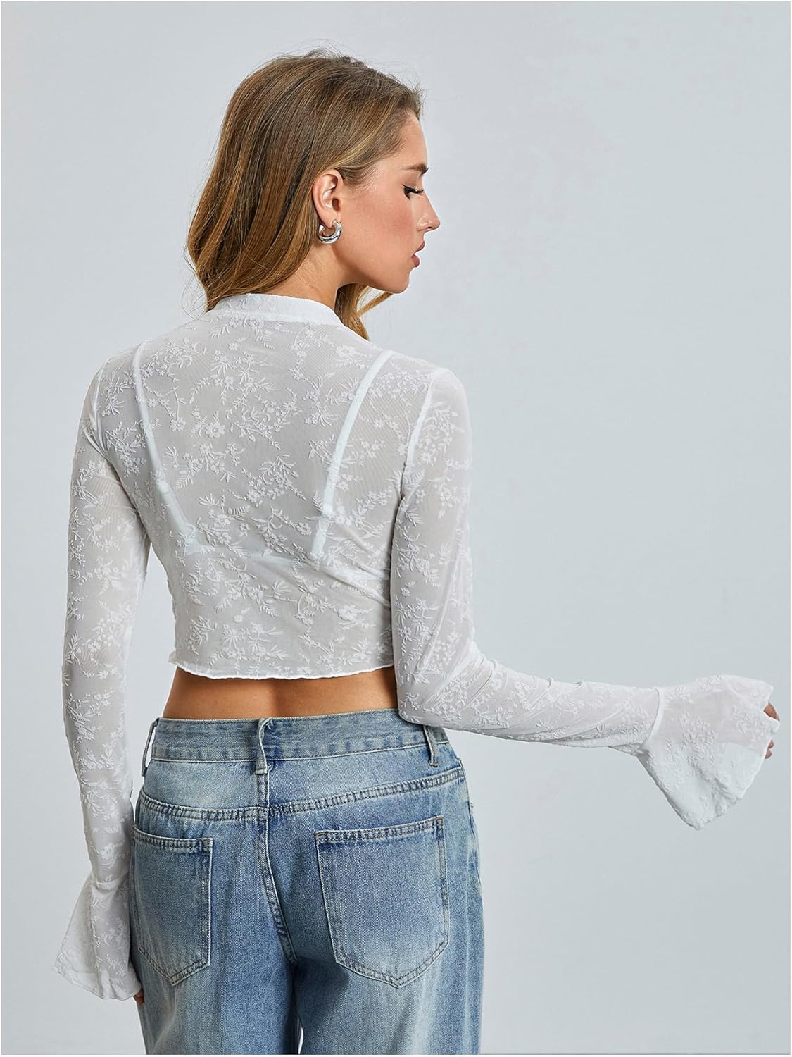 Floerns Women's Floral Lace Up Sheer Crop Top Front Tie Bell Sleeve Western Tee Tops - Image 2