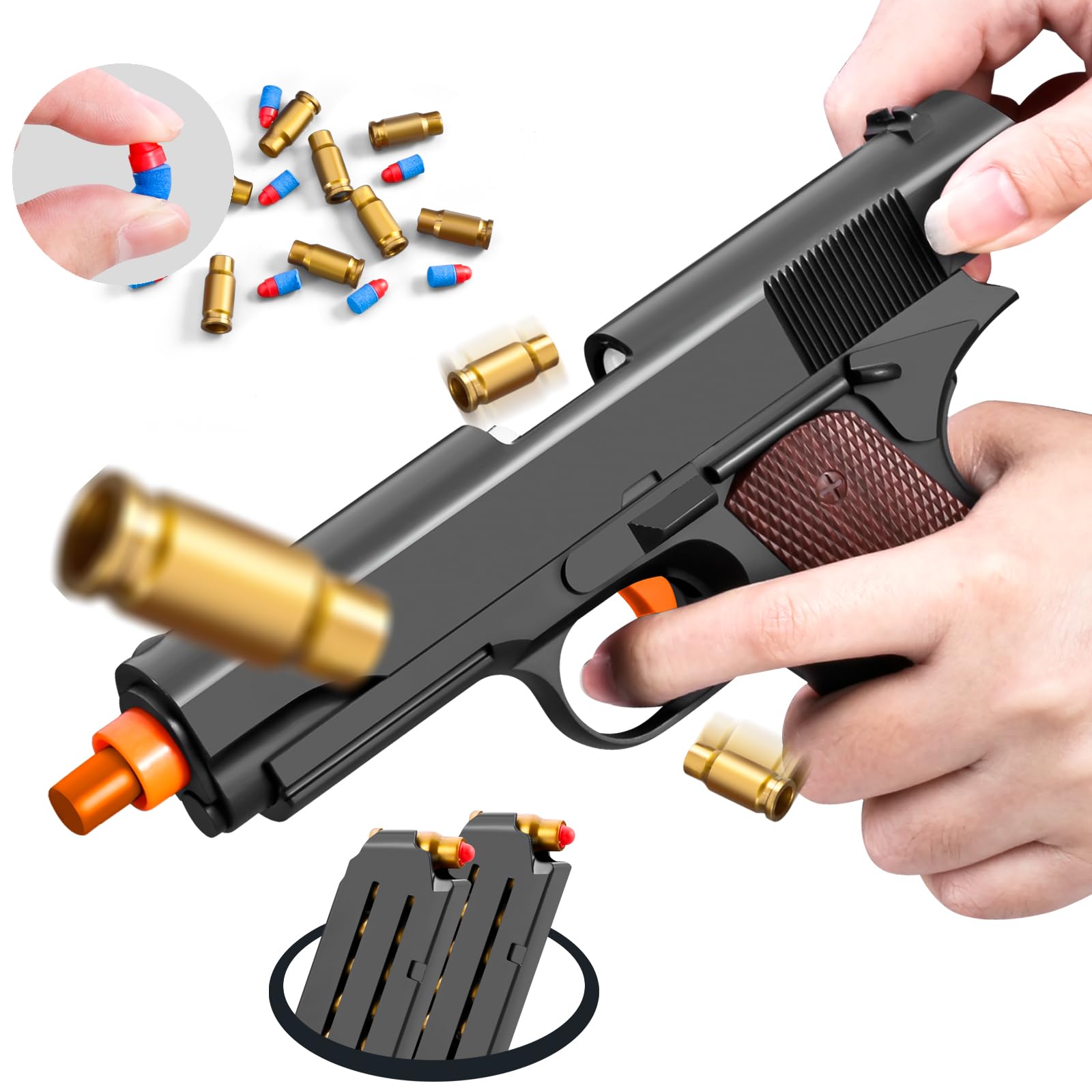 Look Real Toy Red Gun with Ejecting Soft Bullets,Pistol Toys Play EVA Foam Blaster Realistic Model Gun Soft Bullet Gift Gun with Ejection Shell Bullets Fake Gun Model Blasting (Brown)