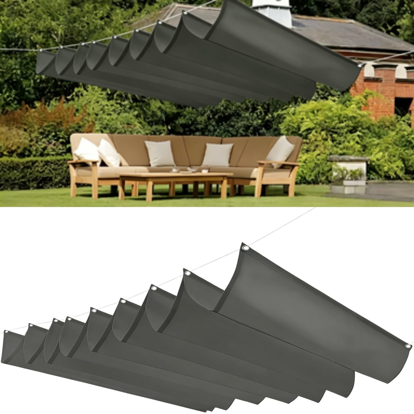 Rozwijany Żagiel Przeciwsłoneczny Wave 145 x 400 cm Blokujący 98% UV Wodoodporna Osłona Pergoli Z Oczkami I Sznurkiem Do Ogrodu Zewnętrznego, Patio, Trawnika, Jasny szary