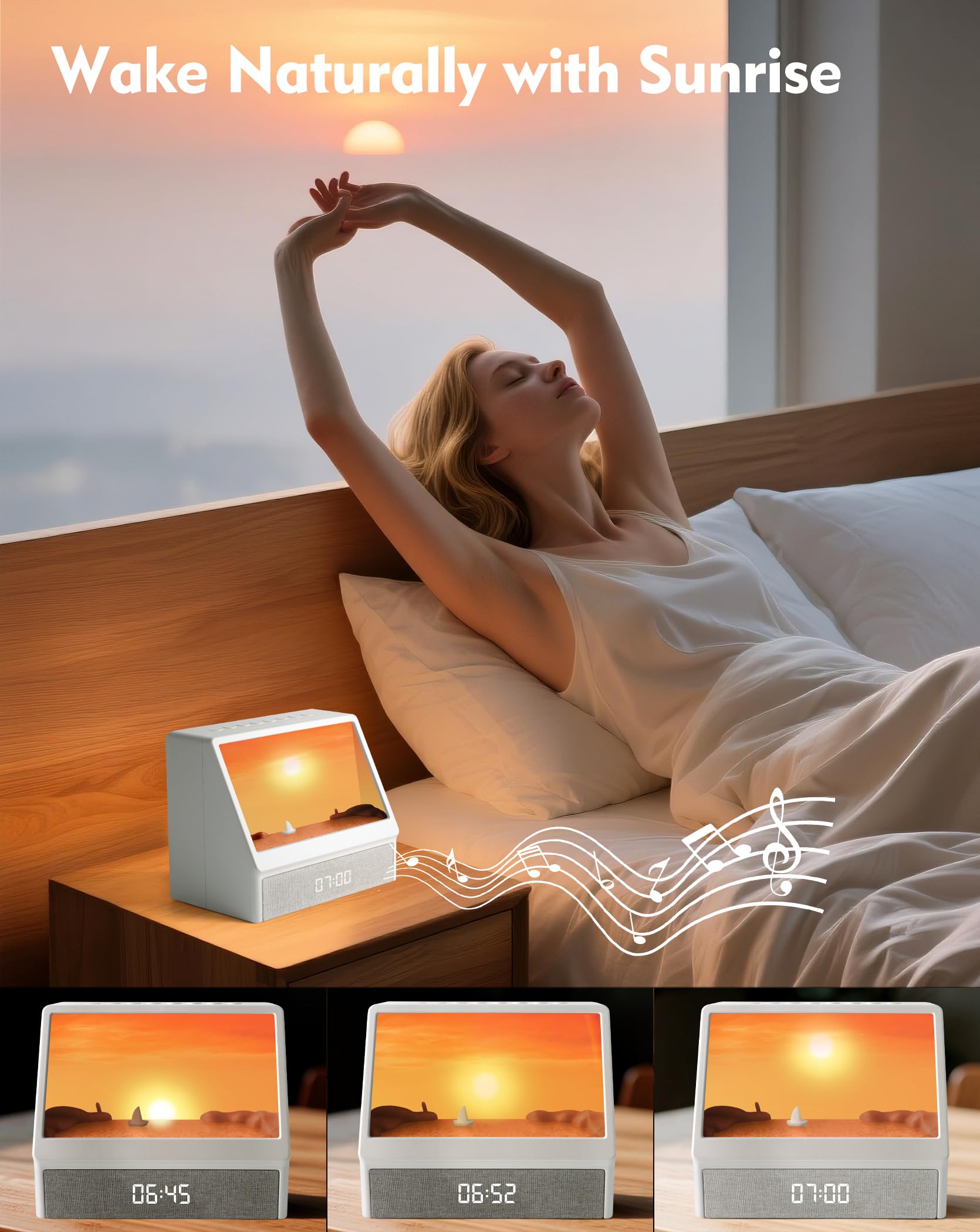 Sonnenaufgangswecker für Schwerschläfer, Sonnenlichtwecker mit 10 Szenensimulationen für den Schlaf, 12 Weißes Rauschen Soundmaschine mit Bluetooth-Lautsprecher