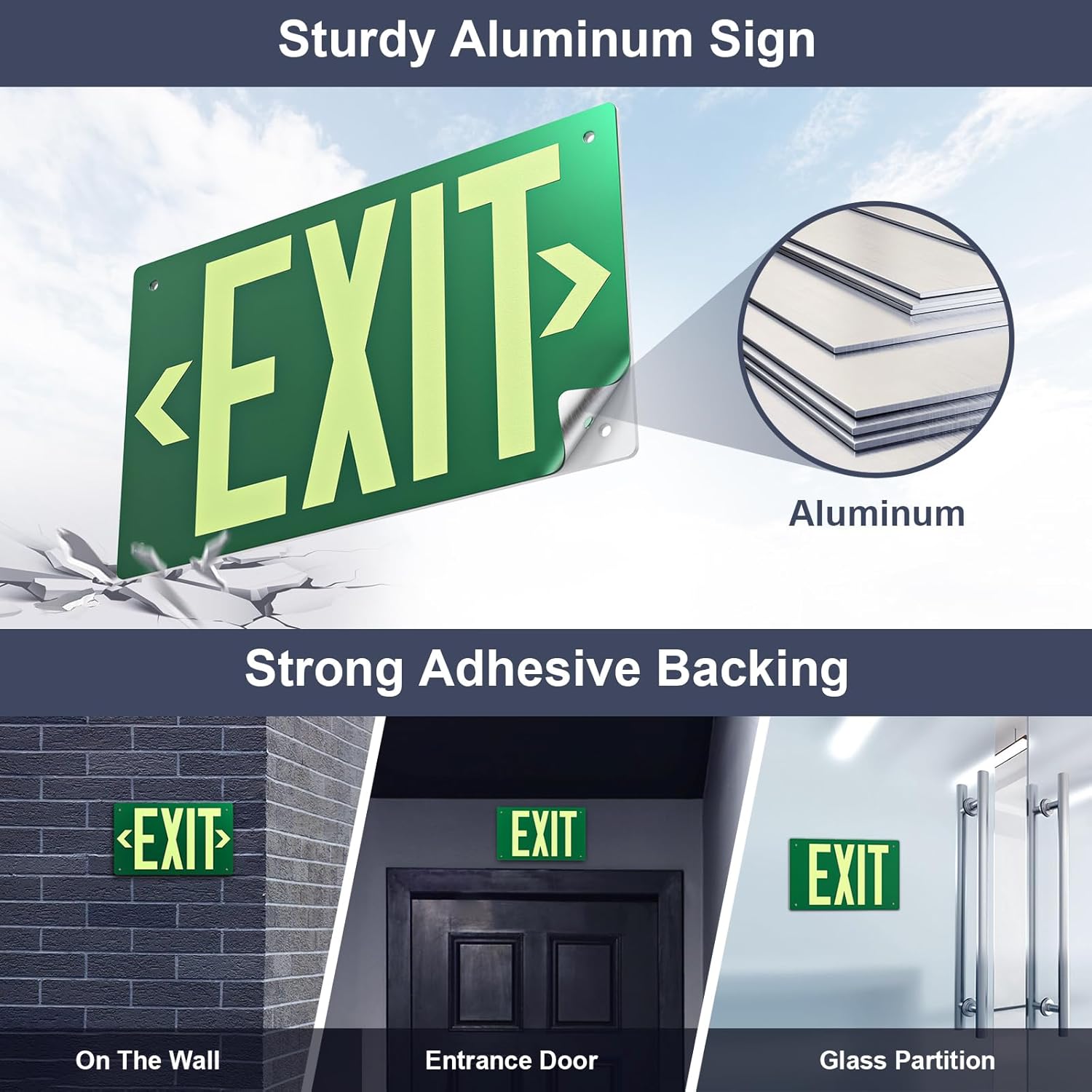 Photoluminescent Exit Sign Aluminum - Adhesive Backing Glow In The Dark - Removable Arrows Included - Pre-drilled Holes - 12x7 Inches - Non Electrical Green Exit Light For 50 Feet Visibility (2 Pack)