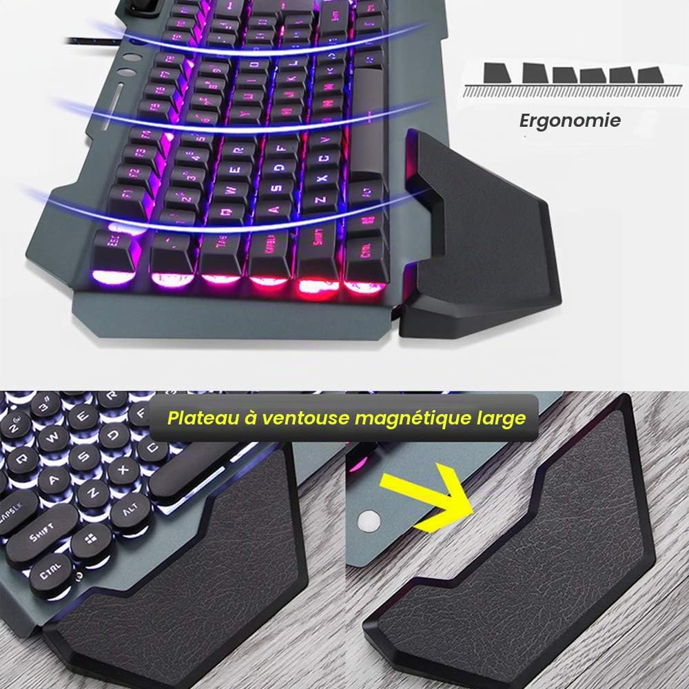 Ensemble Clavier et Souris de Jeu Filaire rétroéclairé à Del RVB avec Plaque métallique 104 Touches, Repose-Main, Clavier Lumineux USB 2400 DPI Optique 6 Boutons + Tapis de Souris Compatible avec
