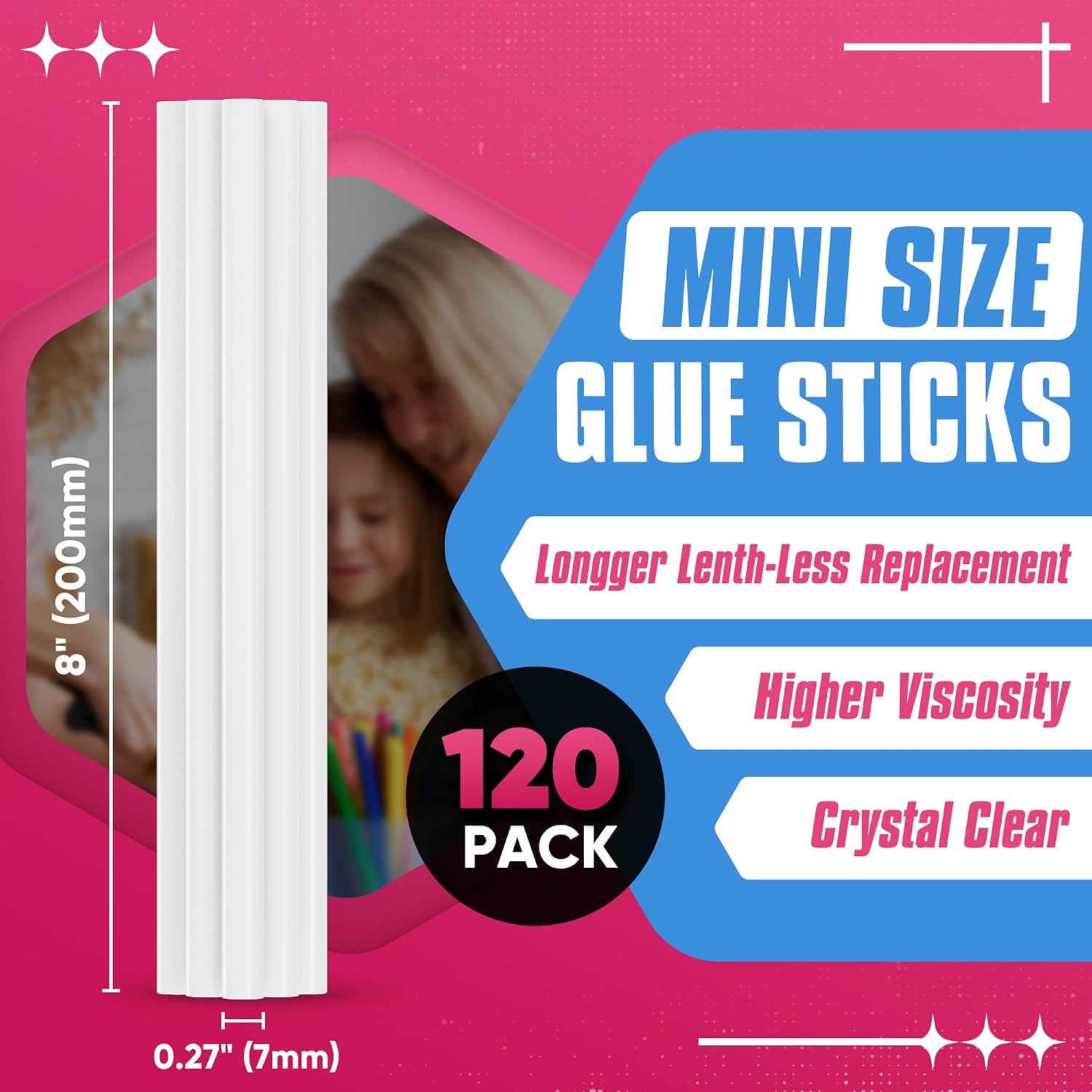 EZUVITA Mini Size Hot Glue Sticks, 0.27” Dia x 8” Long, 120-Pack Clear Hot Melt Glue Gun Sticks for All-Temp Mini Glue Guns, Multipurpose for DIY Art Craft General Repairs, Festival Decorations