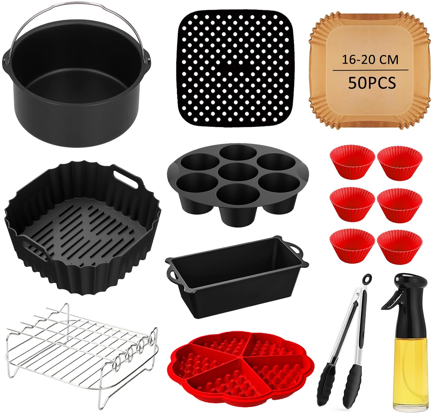 Moule Silicone Air Fryer - Accessoires Air Fryer pour Russell Hobbs 4 L, 4,3 l, 5,5 l, Philips 2000 Series NA220 NA229 4,2 l HD9270 6,2 l, avec Papier Sulfurisé, Moule à Gâteau, Spray à Huile, Grille