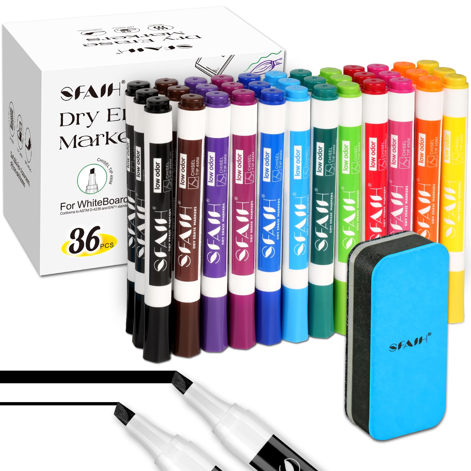 SFAIH Dry Erase Markers Chisel Tip with Magnetic Whiteboard Eraser 36 Bulk 12 Colors White Board Markers for