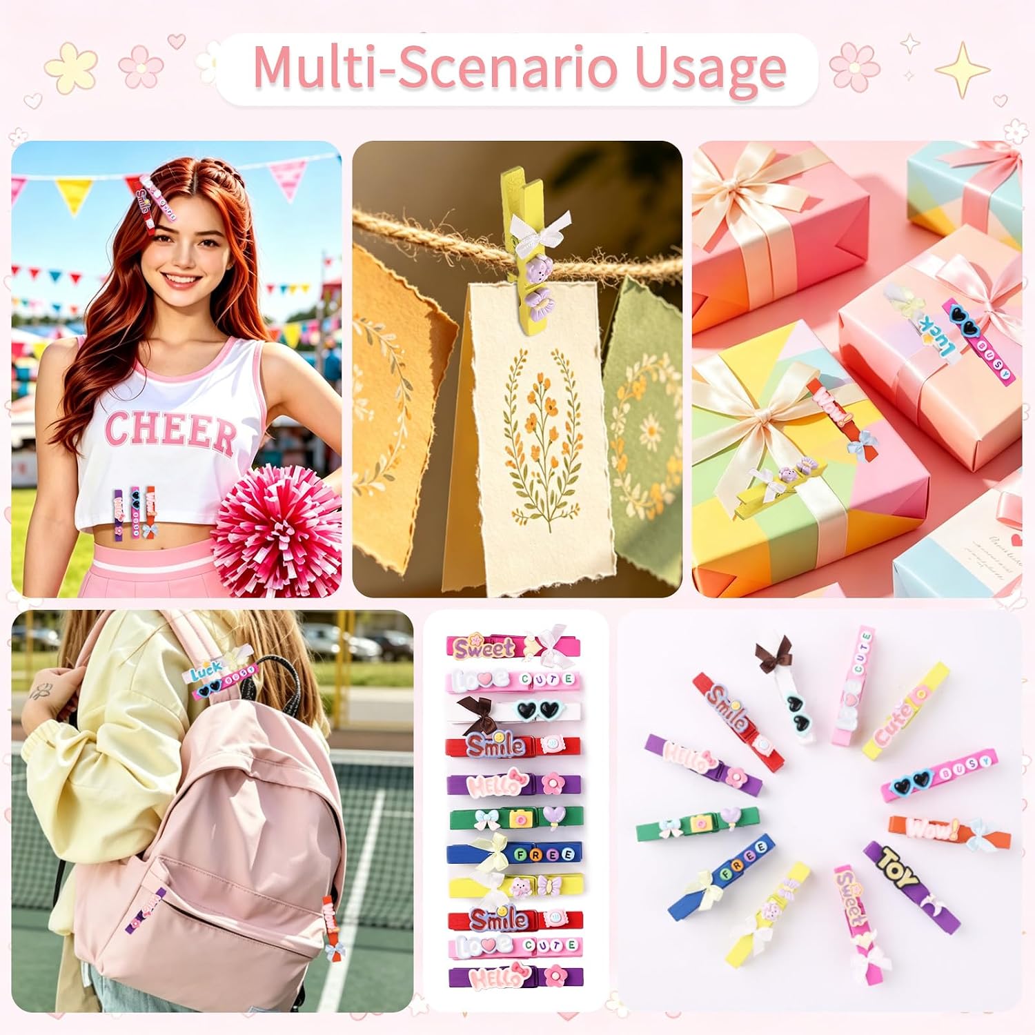 75 Pcs Cheer Pins and Cheer Pin Charms 2 Bags Letter Beads for Names 10 Color Bows Heart Glasses Mood Word Plates Glitter Rhinestone Decor Set Cheerleader Team Gifts for Backpacks