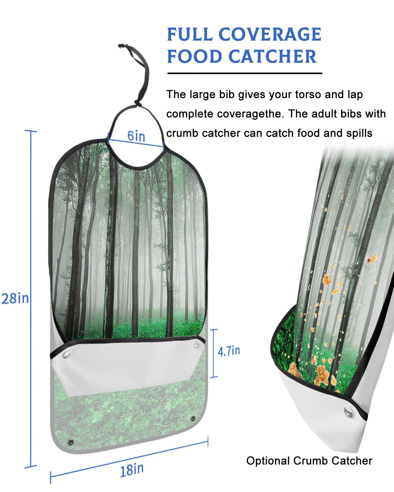 Green Forest Adult Bibs for Eating, Waterproof Bibs with Food Catcher & Adjustable Snap Closure, Fall Maple Leaf Natural Landscape Washable Clothing Protectors Adult Bibs for Elderly Women/Men