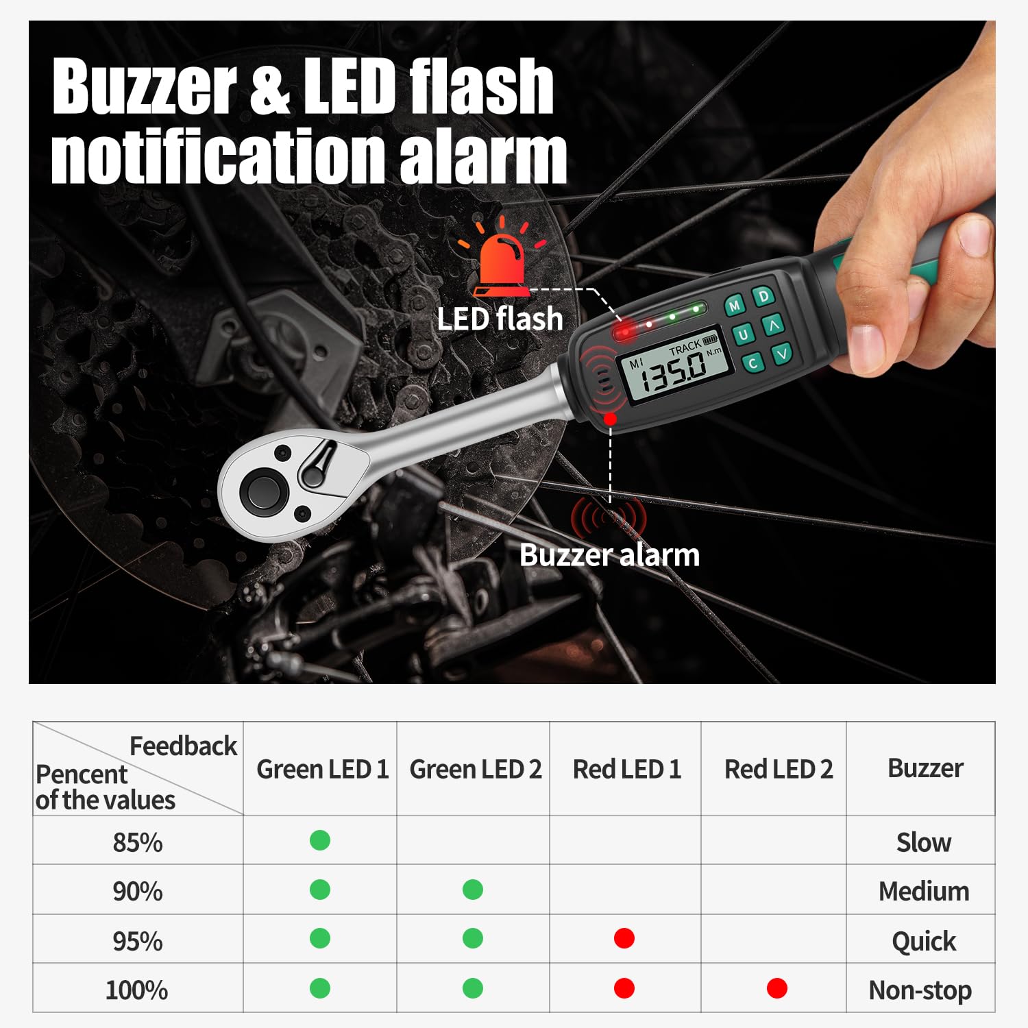 Cyfrowy klucz dynamometryczny z napędem 1/2 cala 5,01-99,49 Ft.lbs./6,8-135 Nm elektroniczne narzędzie precyzyjne funty stóp ± 2% dokładność 999 zestawów danych wyświetlacz LED brzęczyk wibracje