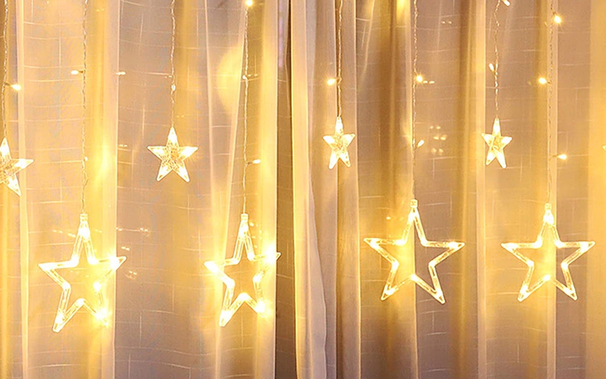 INDICENZO 12 Stars 138 LED Curtain String Lights, Window Curtain Lights with Flashing Modes Decoration for Christmas, Diwali, Wedding, Party, Home, Patio Lawn, Warm White (138 LED - Star) - Warm White