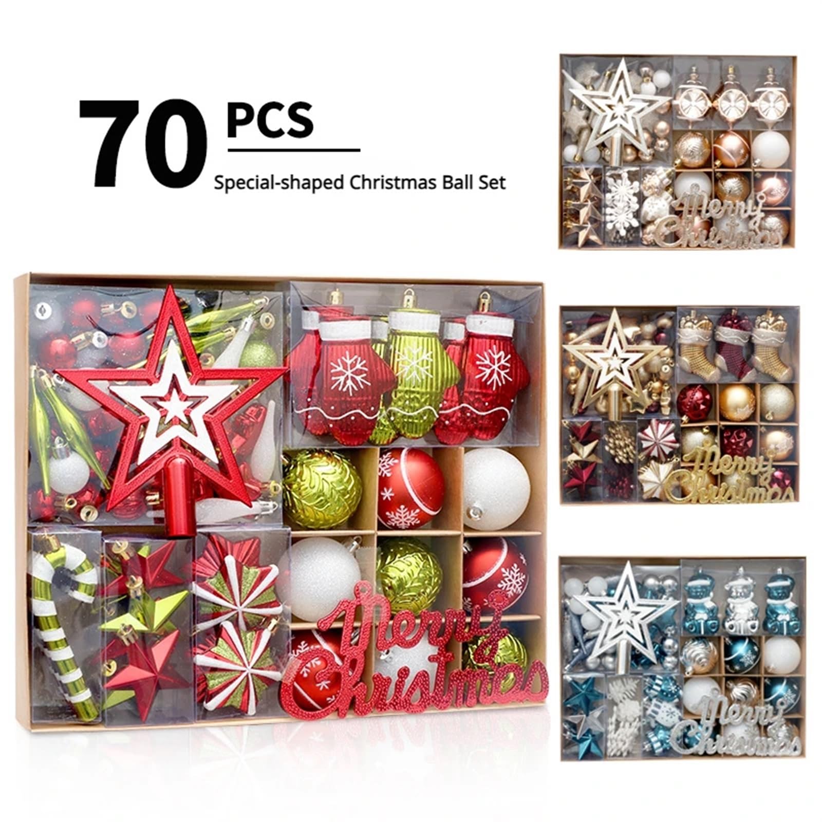 Christbaumkugel-Set, bemalt, Sterne, Ornamente, Heimdekoration, Anhänger, 70 Stück