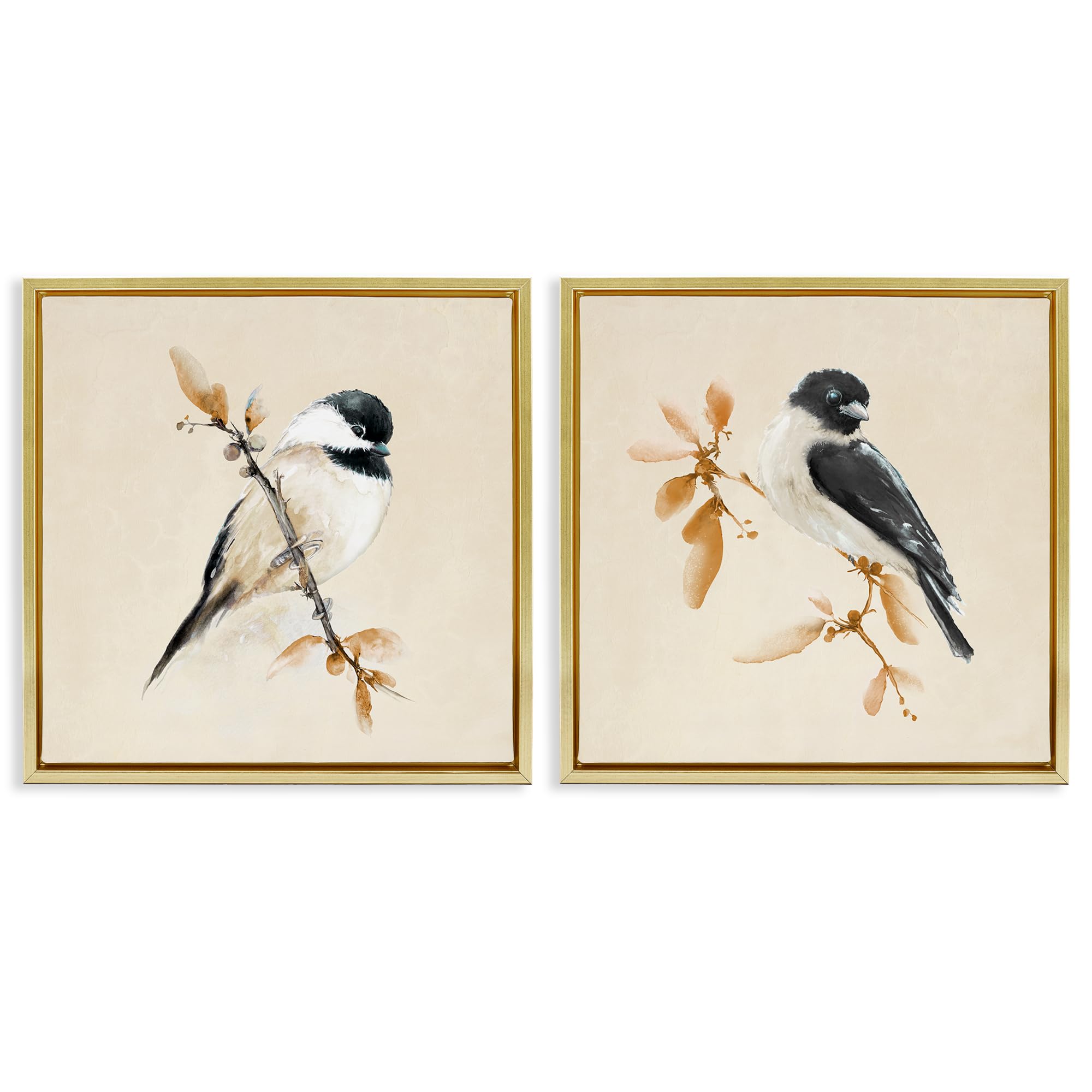 'Muted Chickadees on Beige'| 2pc Floating Frame Art Set 2