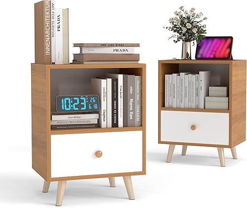 JAXPETY Juego de 2 mesitas de noche modernas de madera, mesita de noche con cajón, muebles de noche, mesa auxiliar con estante abierto y patas de