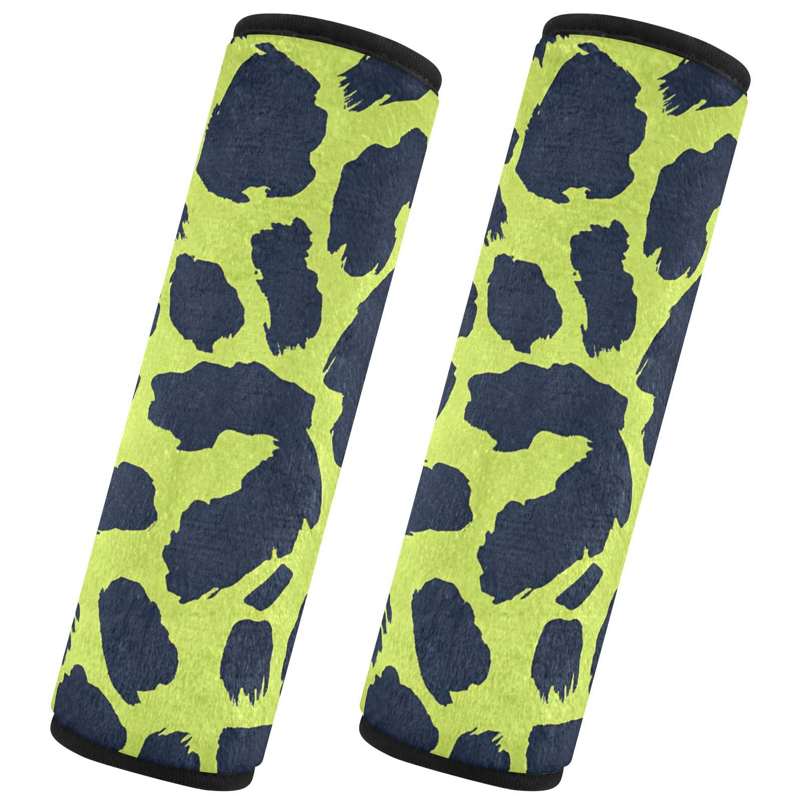Leopard Print Lime Green and Navy Blue 2 pcs Shoulder Strap Cushion, Protects Your Neck and Shoulders, carseat Belt Pads for Most Cars Truck Airplane 10x7.7 in funda para cinturón