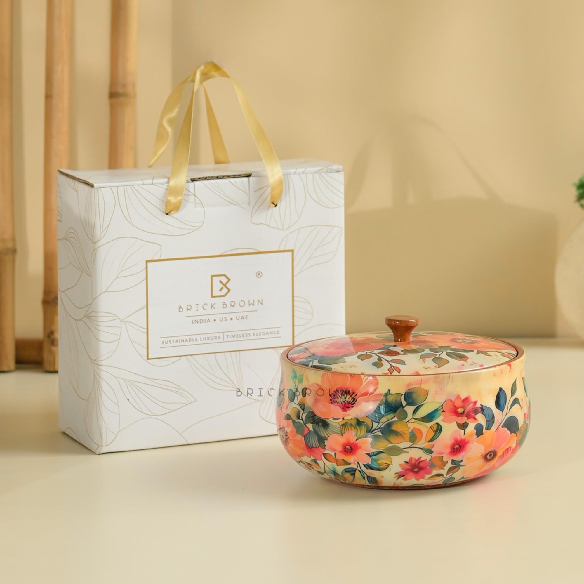 Brick Brown ® Handcrafted Enamel Coated Wooden Pastel Flora Roti Box | Chapati Box for Kitchen | Hot Pot Casserole for Roti Server Tableware Serving | Case Roti Dabba with Lid (8.5 × 8.5 × 5.5 Inch) 2