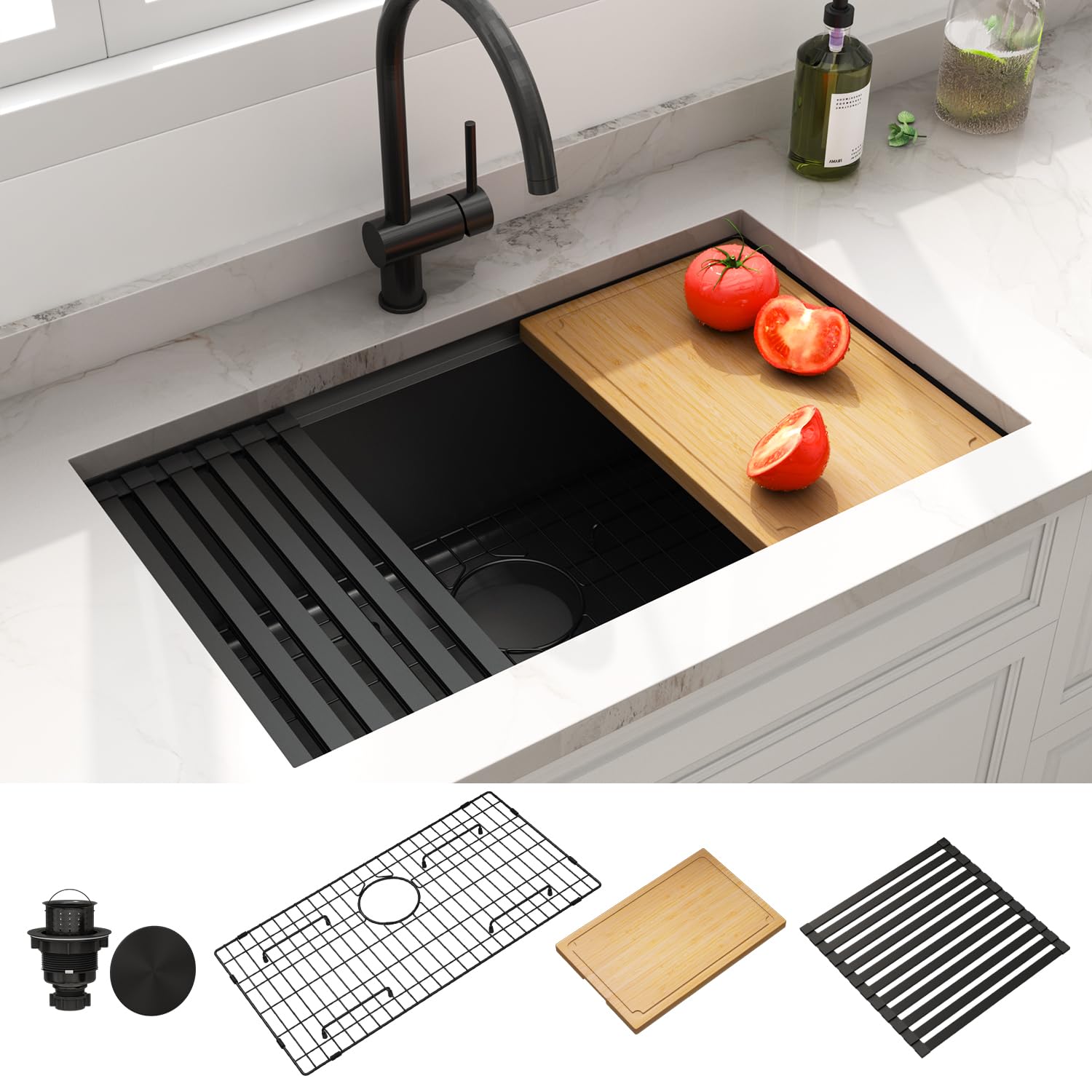 LQS 30 Inch Kitchen Sink, Black Undermount Kitchen Sink, Large Deep Black Workstation Single Bowl Sinks, 16 Gauage T304 Stainless Steel Material, Smart Workstation Ledge With Pratical Accessories