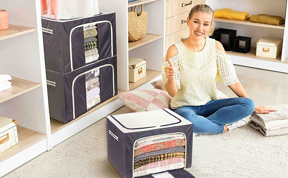 Image of Storage Box and Organiser for Clothes | Cloth Organizer for Storage | Clothes Wardrobe Organizer for Storage | Fits in Small Closet & Room Corner | 24 Ltr Set of 3, Blue Polka