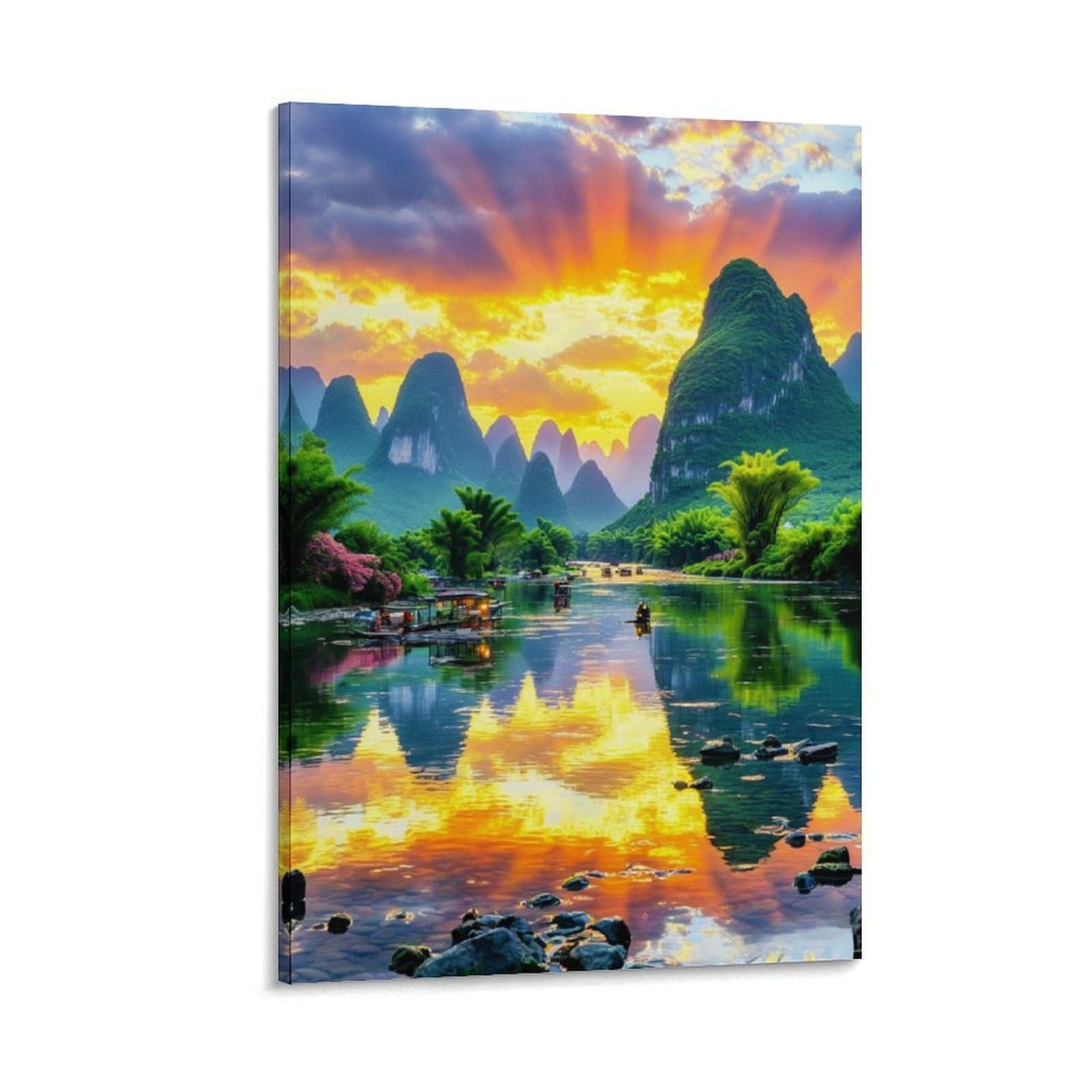 IEJKLUVWX Golden Karst Mirror Lake Wall Pictures Peak River Reflection Waterproof Canvas Moisture Resistant Easy to Install for Bathroom Sofa Background Gift Buyer Original 20x30inch(50x75cm)