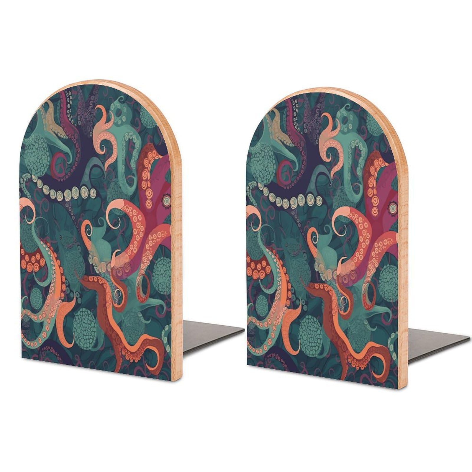 Abstract Octopus Bookends for Shelves Non Skid Book Stoppers Universal Economy Bookend Heavy Duty Wood Book End Decorative Book Shelf Holder for Home Office Desk 1 Pair