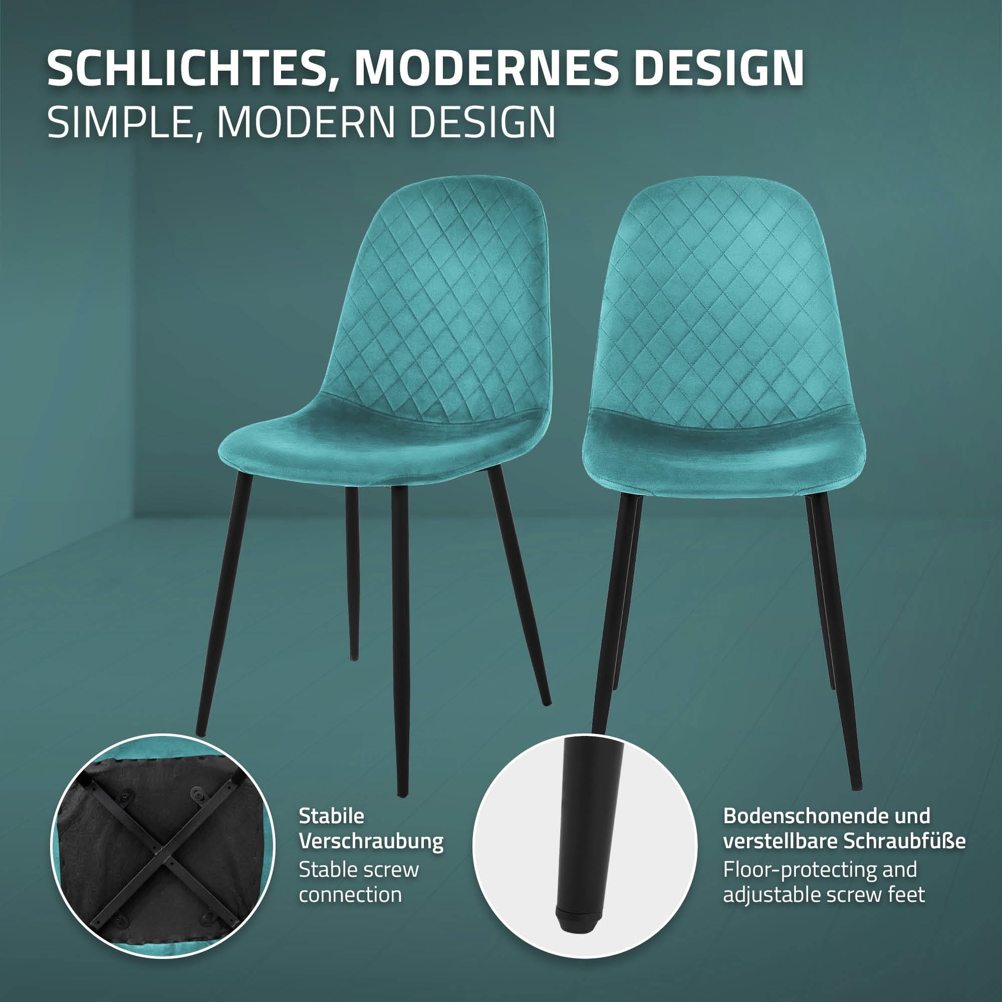 ML-Design Set di 4 Sedie per Sala da Pranzo Rivestimento in Velluto Petrolio Poltroncine da Cucina con Schienale e Gambe in Metallo Seduta Ergonomica Sedia per Soggiorno Salotto