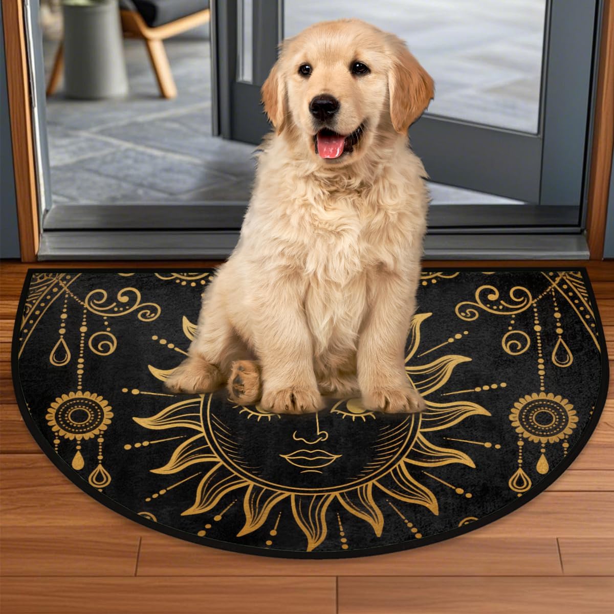 Ethnic Boho Style Sun Pattern Half Round Doormat, Non-Slip Entryway Rug, Soft Absorbent Microfiber, Indoor Half Circle Door Mat for Hallway Bedroom Garage Patio Home Decor 24 x 36 in