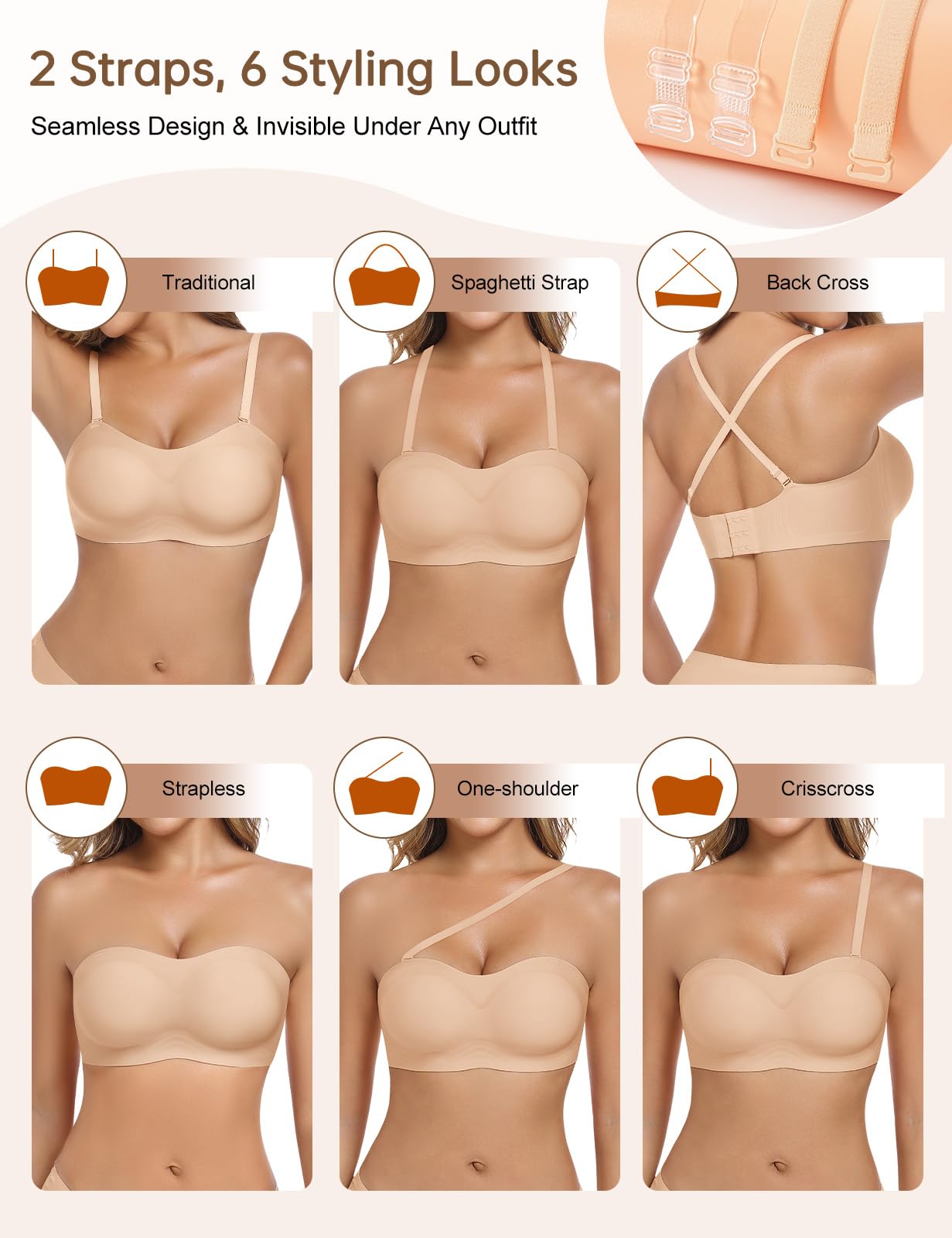 UMIPUBO Sujetador Sin Tirantes Mujer Sin Aros Push Up Invisible Sin Costuras Multiposicion Ajustables Bandeau Top con Relleno y Transparente Extraíbles Tirantes Antideslizante