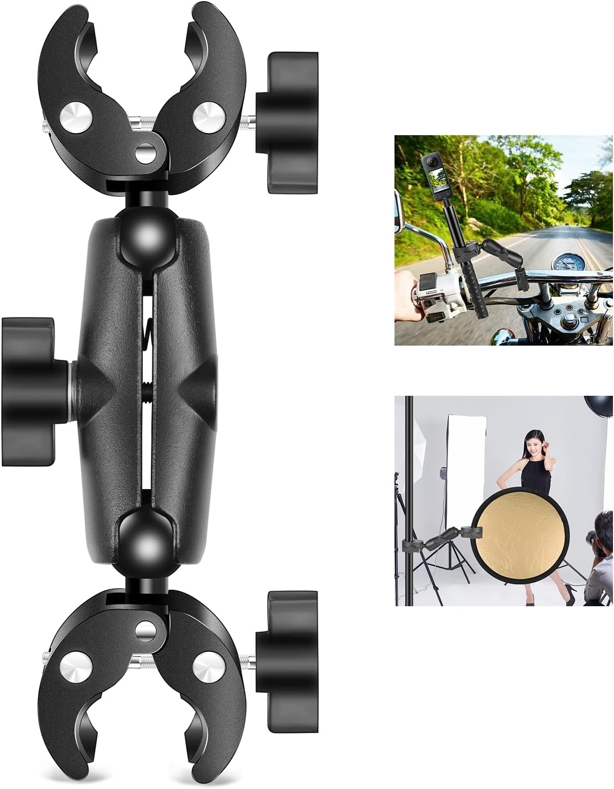 PULUZ Super Clamp Double Camera Mount, Crab Plier Clip Bracket Magic Arm Double Ball Head Adapter Umbrella Clamp for Motorcycle, Bike, Cross Bars, Desktop, Light Stand, Photo Boom Stand