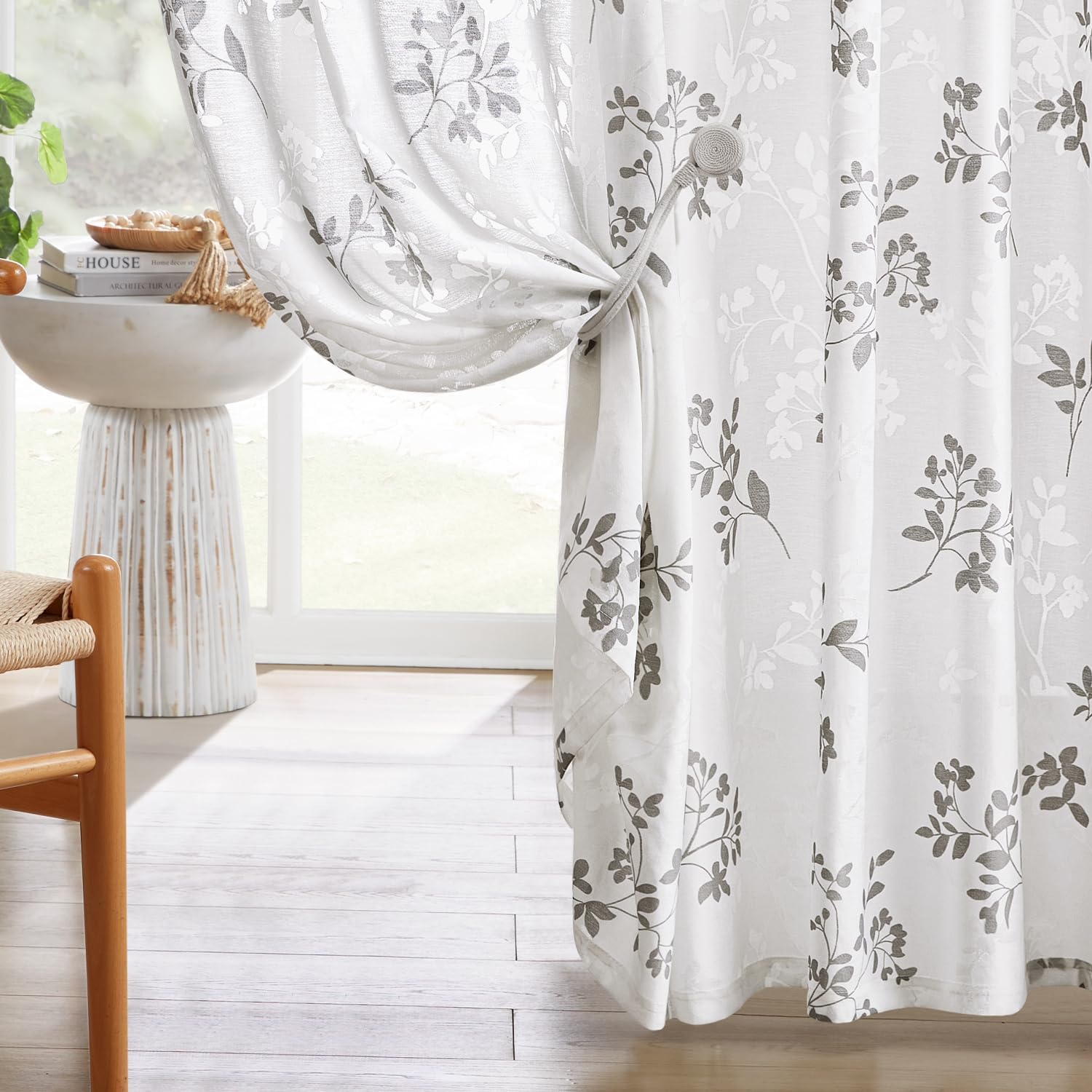 HOMEIDEAS Privacy Semi Sheer Curtains, Light Filtering White and Grey Printed Leaves Floral Curtains 63 Inches Length 2 Panels, Window Drapes for Living Room Bedroom, 52 X 63 Inch