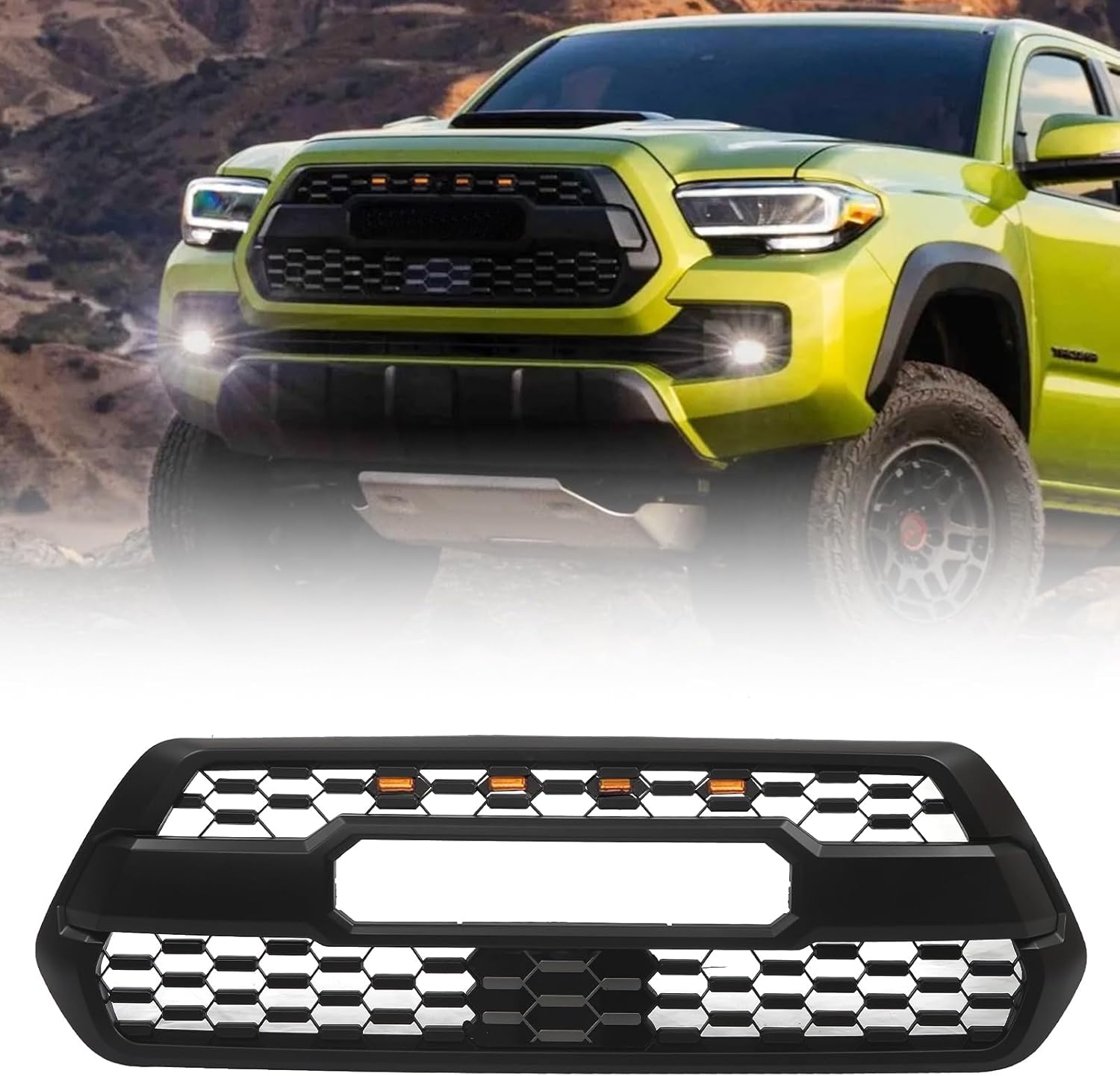 Front Grill Replacement Compatible with 2016-2023 Tacoma SR, SR5, TRD Off-Road, TRD Sport Extended Cab & Crew Cab Pickup 4 Door, ABS Grille with 4 LED Lights, Sensor Cover & Letters, Matte Black