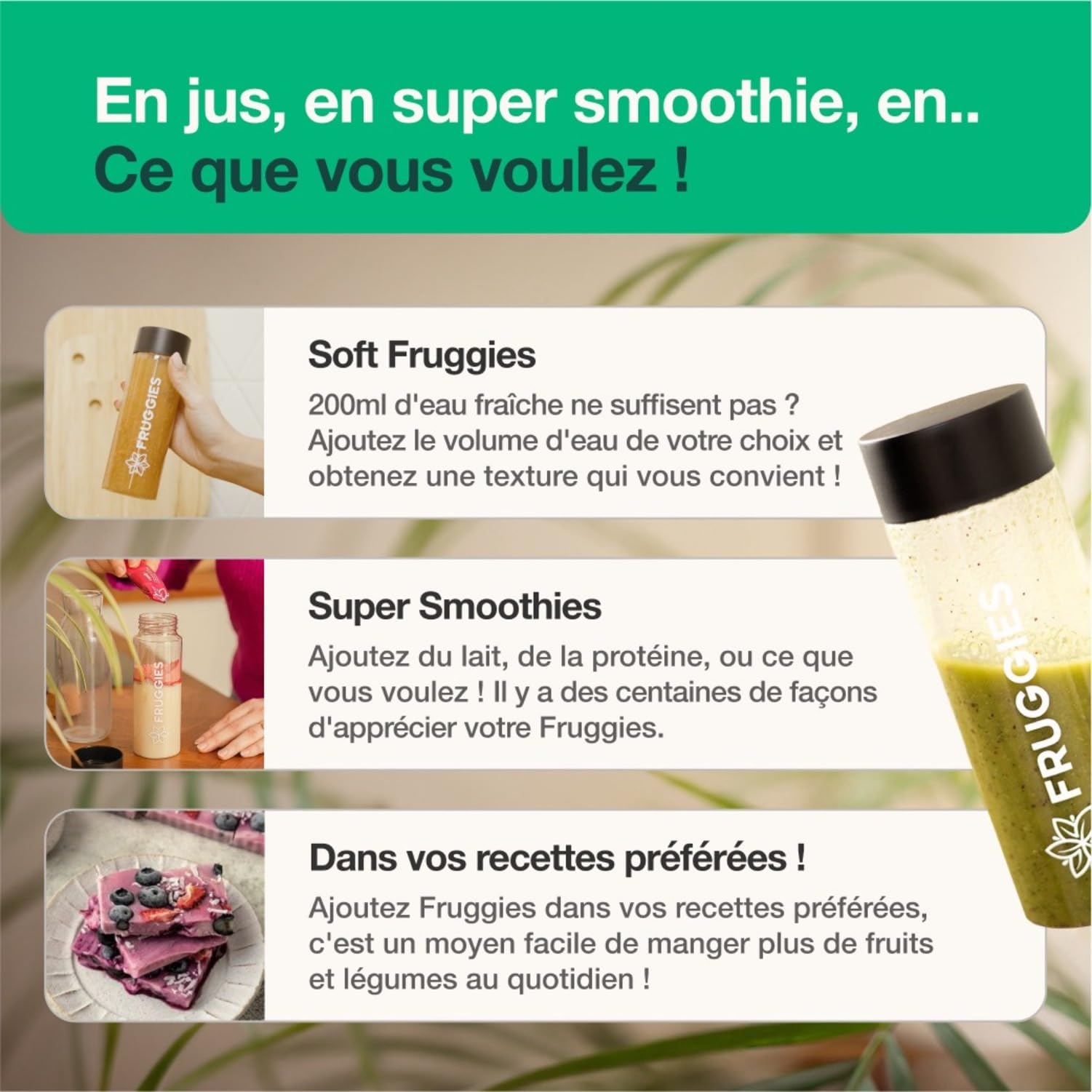 Fruggies® Kit Découverte – 7 Mélanges à base de Fruits et Légumes Lyophilisés BIO + Bouteille Réutilisable – 2,5 Portions par Sachet – Fibres Vitamines Minéraux - Sans Sucres Ajoutés Made in France