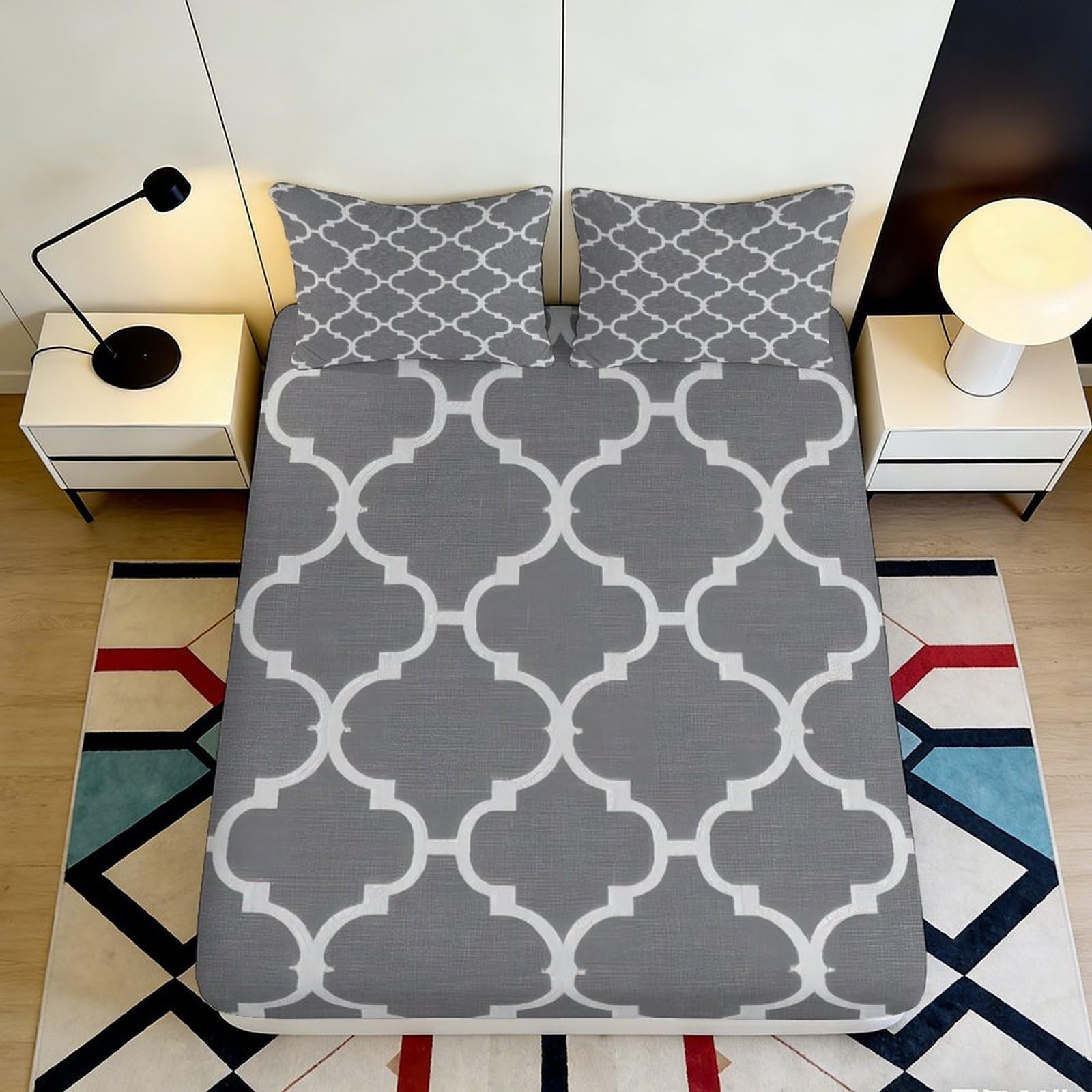 3D Printed Geometric Lattice Fitted Sheet Microfiber Grey Moroccan Mattress Cover for Bedroom Dorm All Ages 200x200x25cm