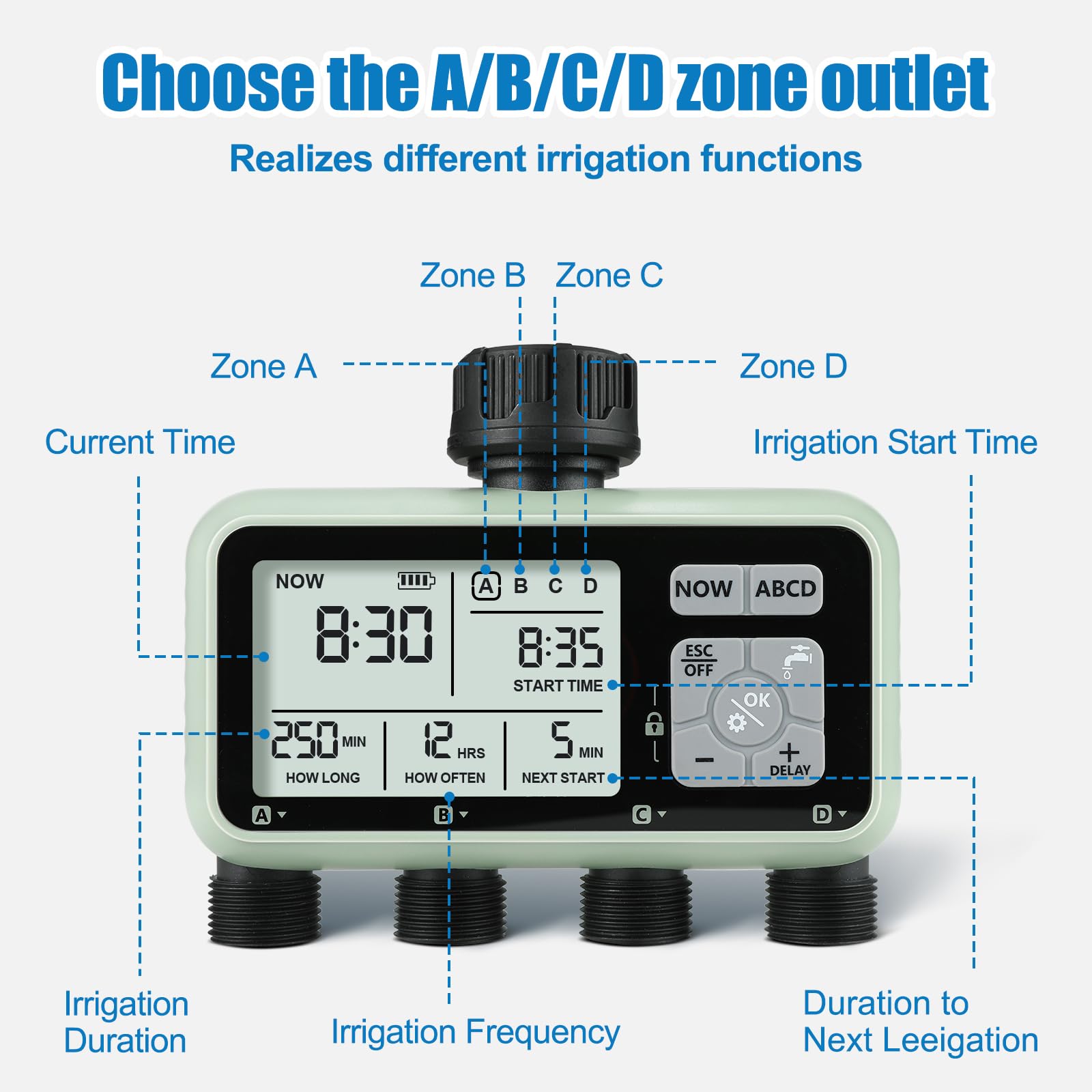 CROSOFMI 4 Voies Programmateur Arrosage Automatique Minuteur Arrosage pour Jardin Programmateur Robinet Arrosage Connecté/Mode Verrouillage Enfant/Mode Automatique & Manuel/Retard De Pluie/IPX5