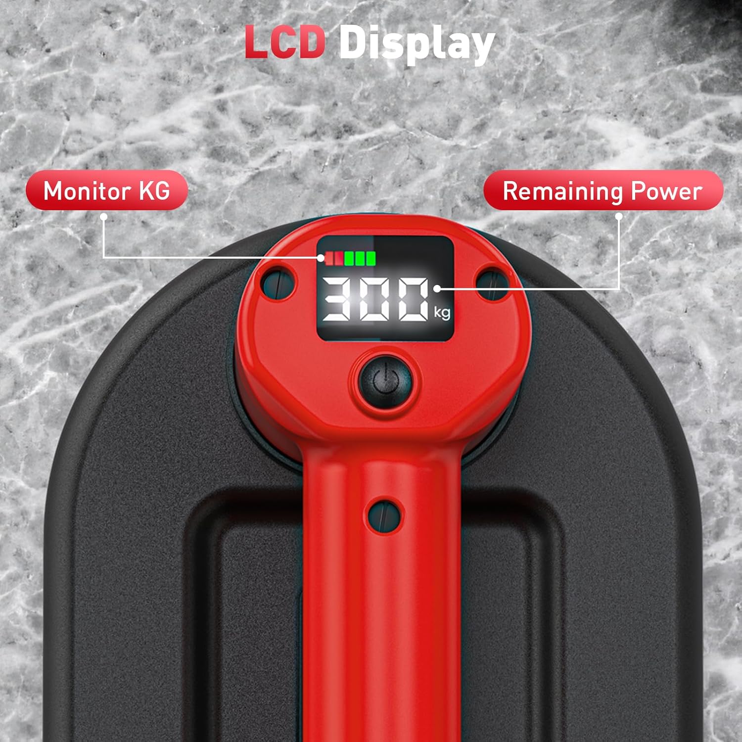 Close-up of the LCD display on the Avhrit Electric Glass Suction Cup showing pressure and battery
