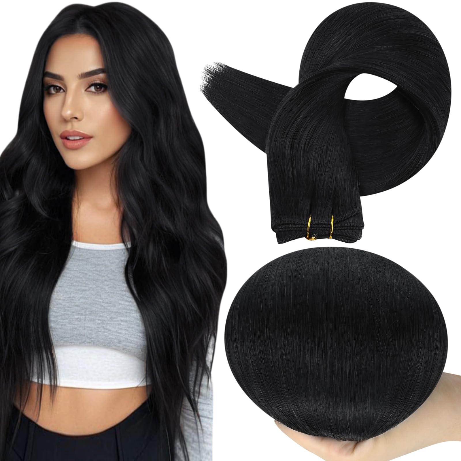 Full Shine Sew In Hair Extensions Real Human Hair Color Natural Black Weft Hair Extensions Remy Long Straight Double Weft Extensions Straight Human