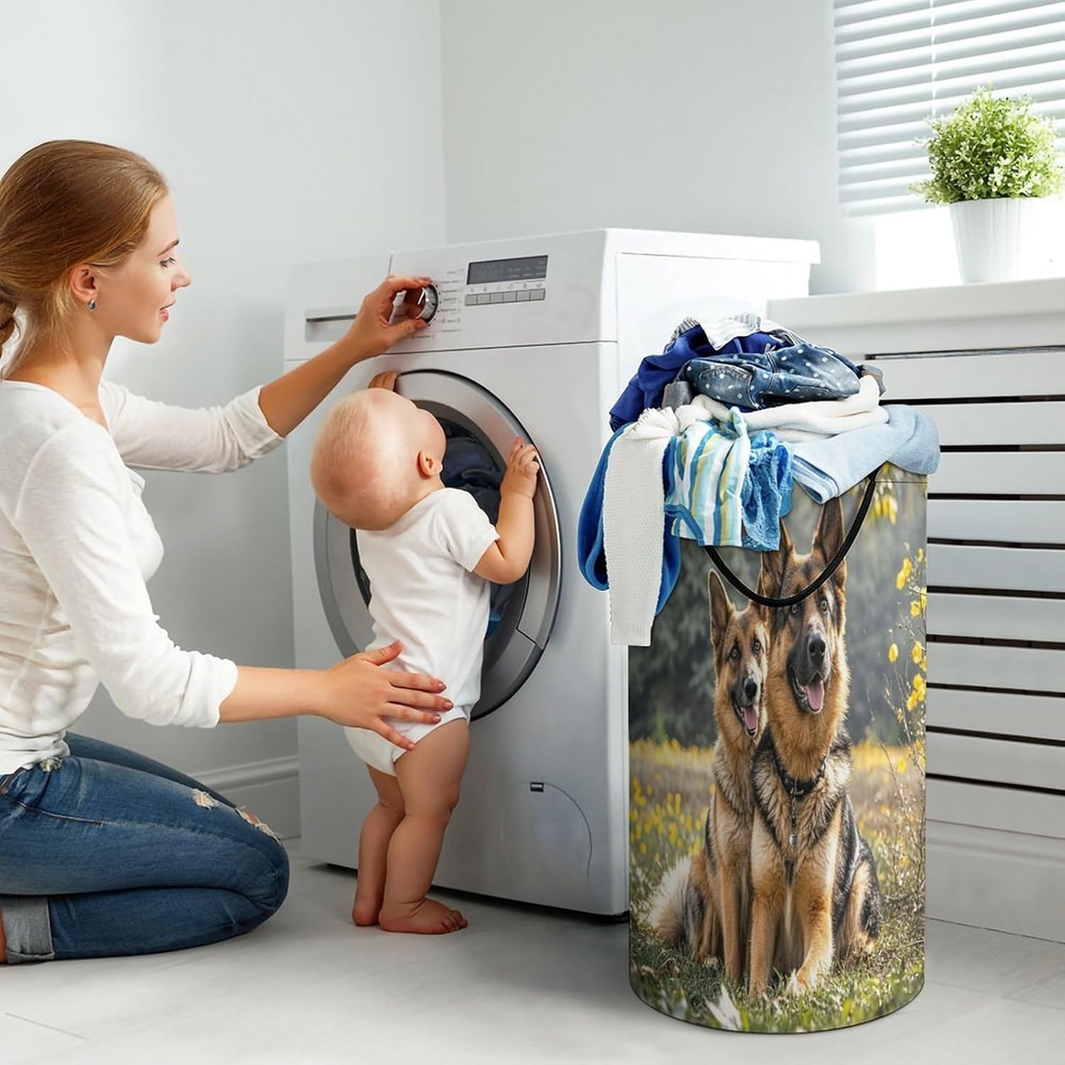 German Shepherd Dogs Laundry Hamper Waterproof Clothes Basket Large Capacity Collapsible Laundry Basket Freestanding Clothes Hamper for Dorm Family Bathroom Decor Storage 86L