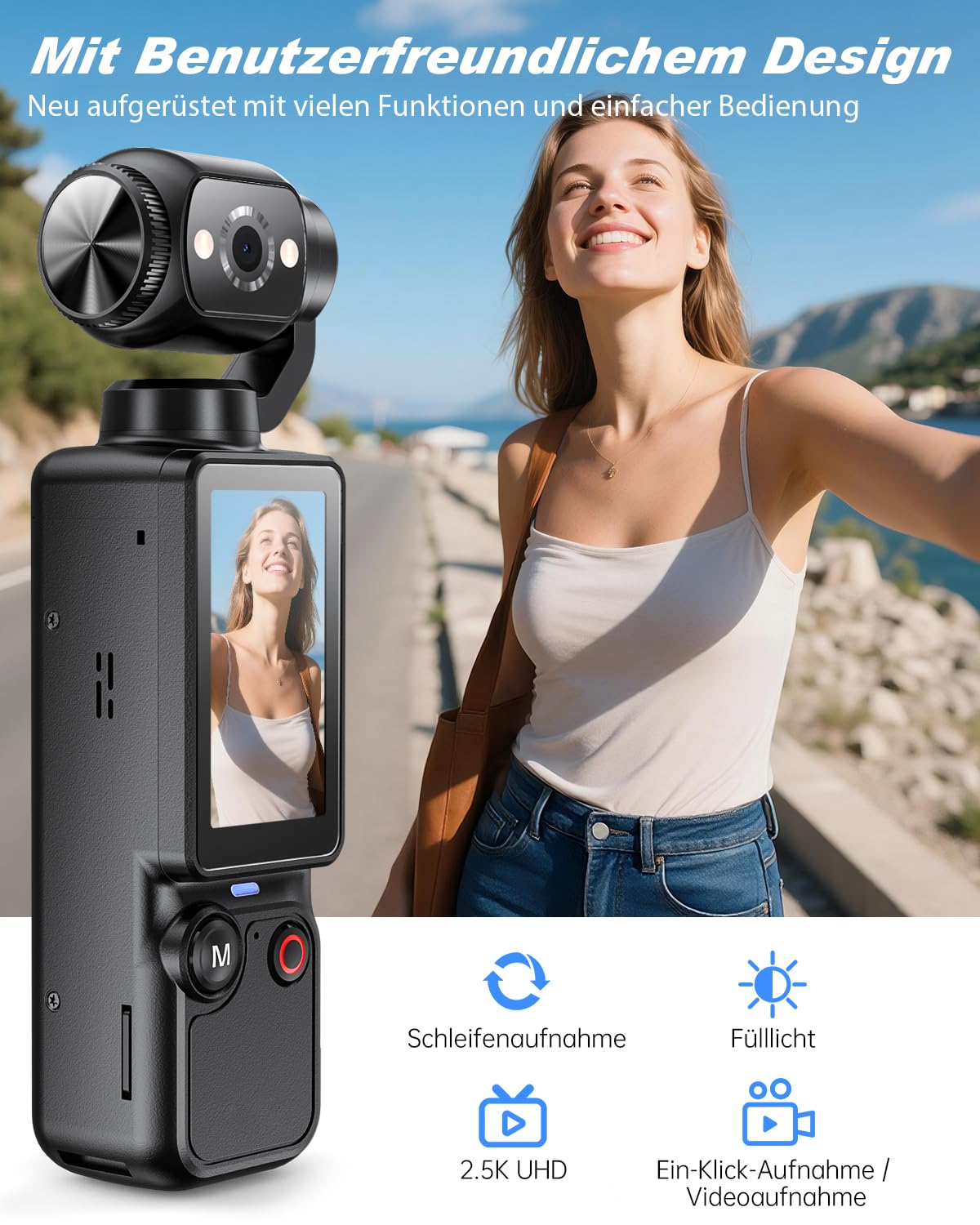W & O Vlog Kamera mit 180° Drehbarer Objektiv,2,5K Taschen Körperkamera Bodycam mit Audio&Video Aufnahme,7 Stunden Akku,Tragbare Handheld Vlogging Camera POV Kamera mit Aufhelllicht,32GB Karte,Schwarz