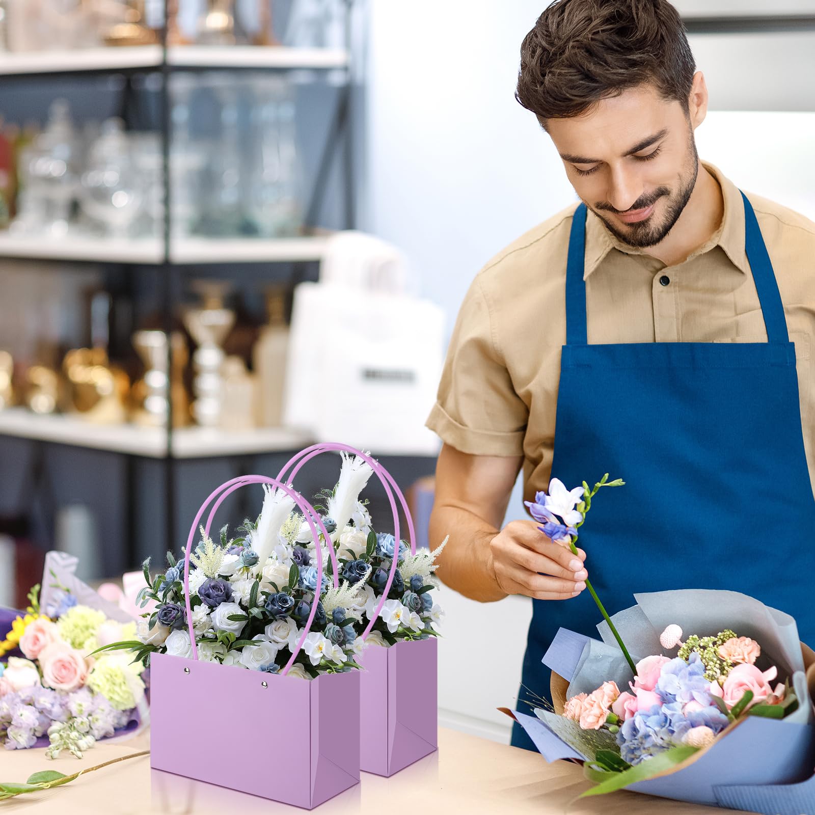 Bakbania Confezione da 16 sacchetti di carta per fiori, per bouquet, rettangolari, con manici, scatole floreali in carta per fiori, matrimoni, compleanni, lauree